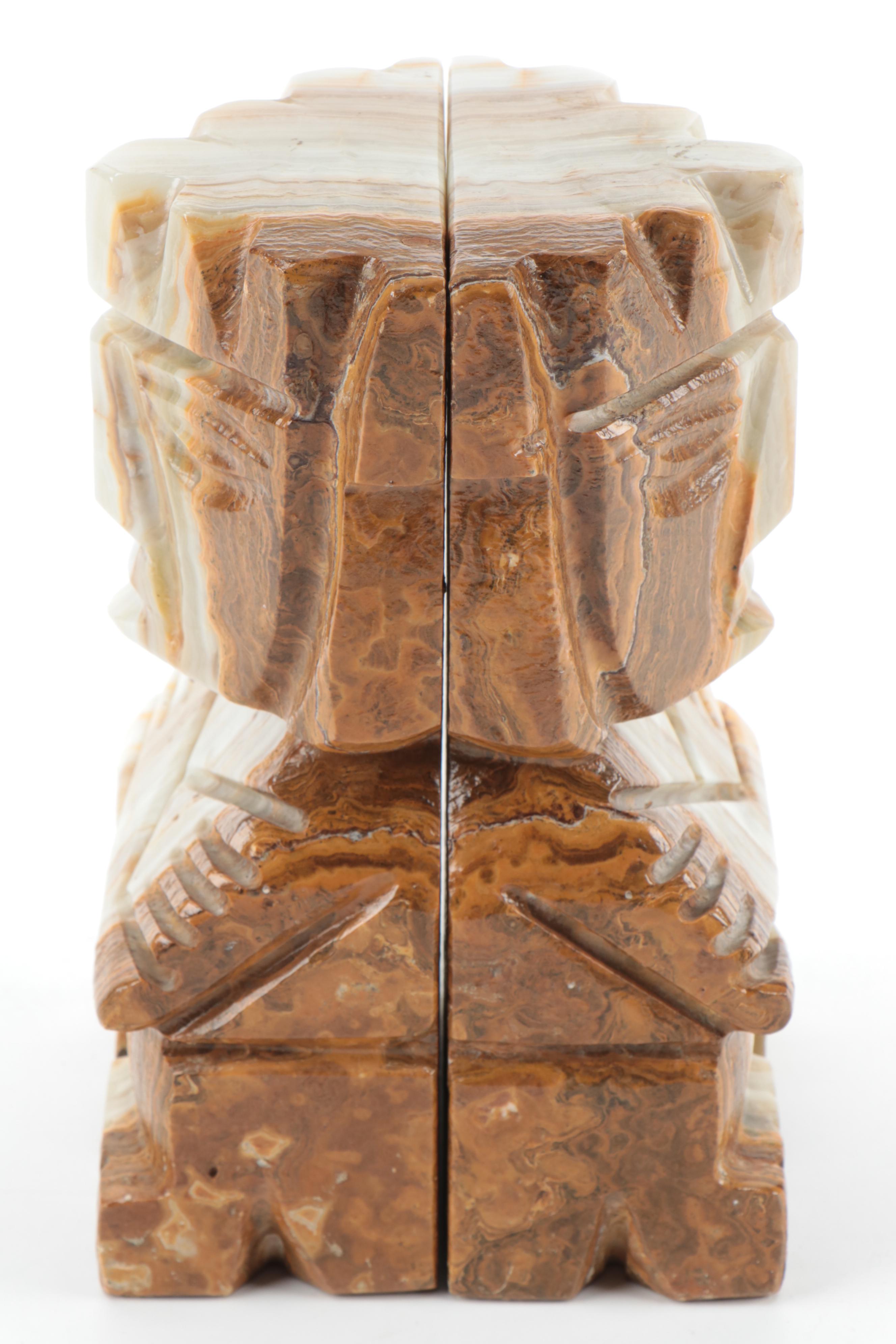 Carved Banded Calcite  Figural Bookends, Mid to Late 20th Century