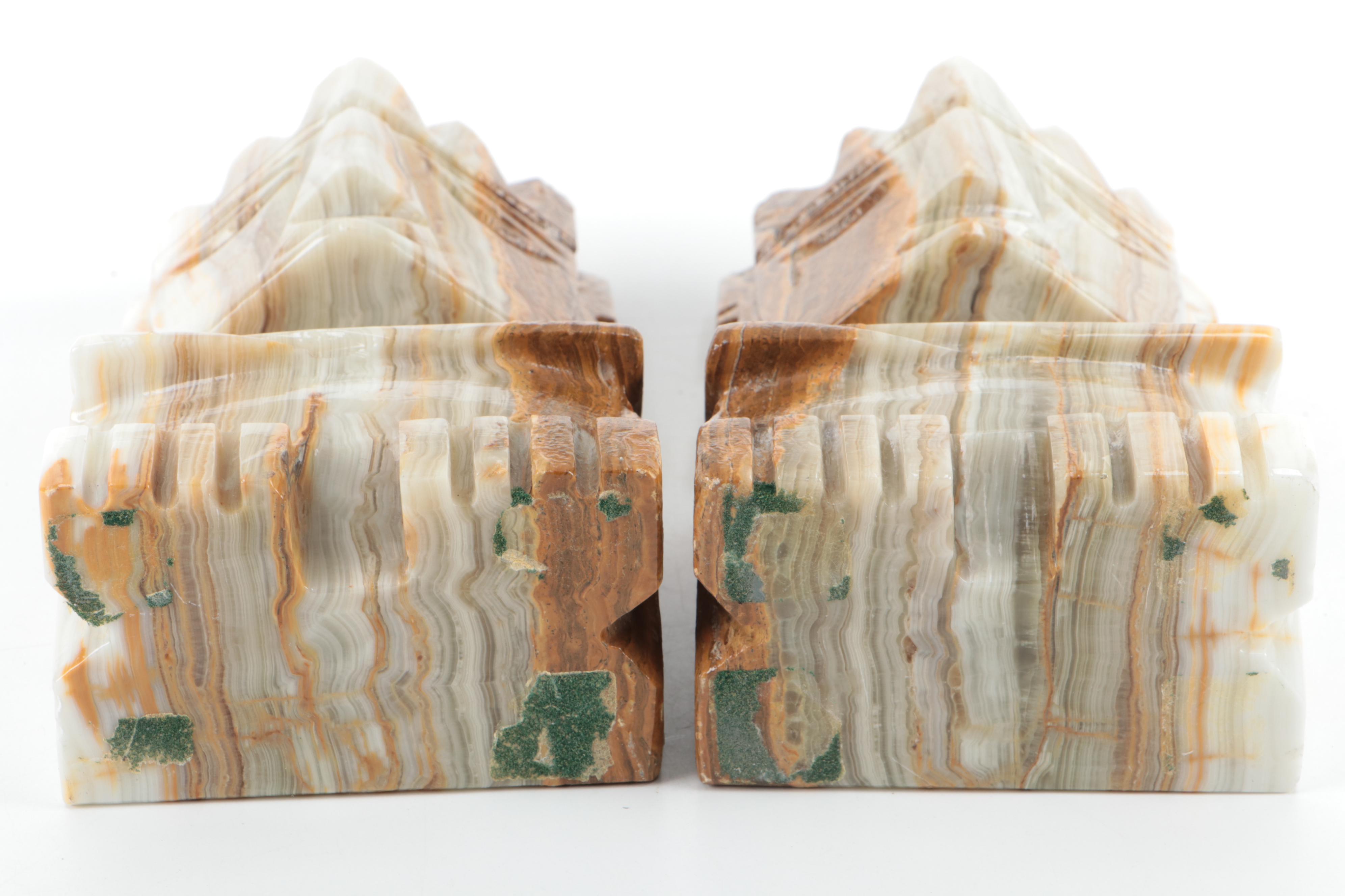 Carved Banded Calcite  Figural Bookends, Mid to Late 20th Century