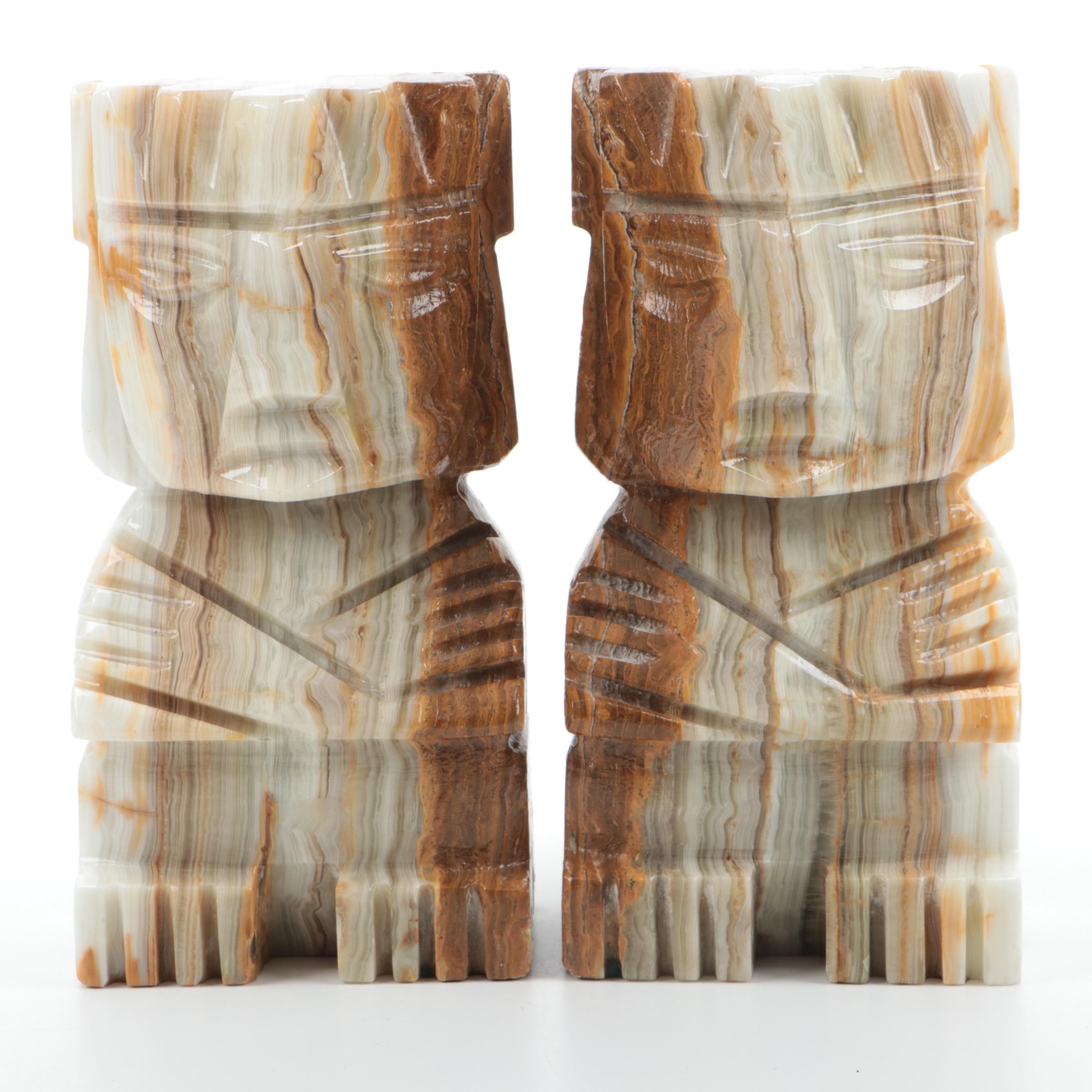 Carved Banded Calcite  Figural Bookends, Mid to Late 20th Century