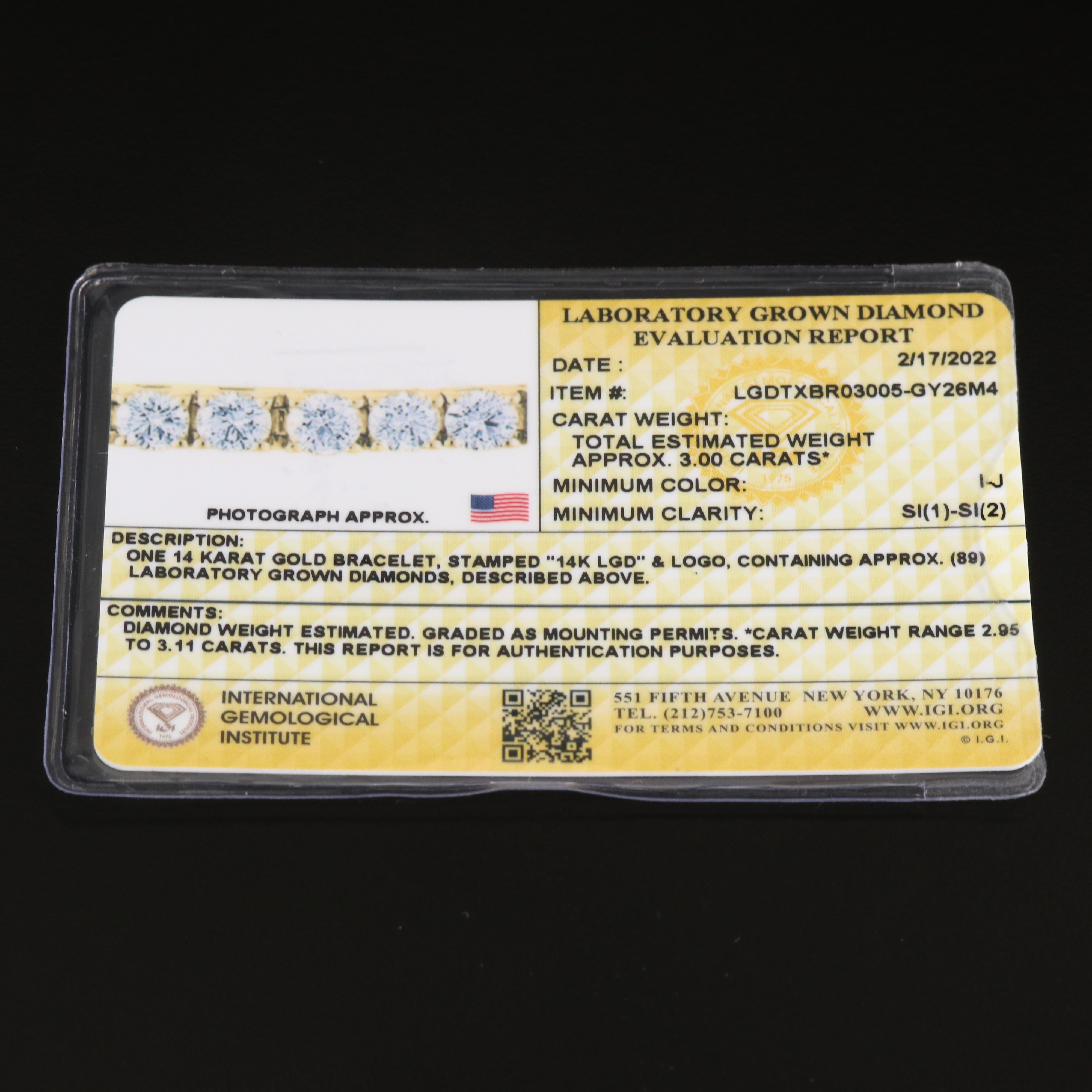 14K 3.00 CTW Lab Grown Diamond Line Bracelet with IGI Report