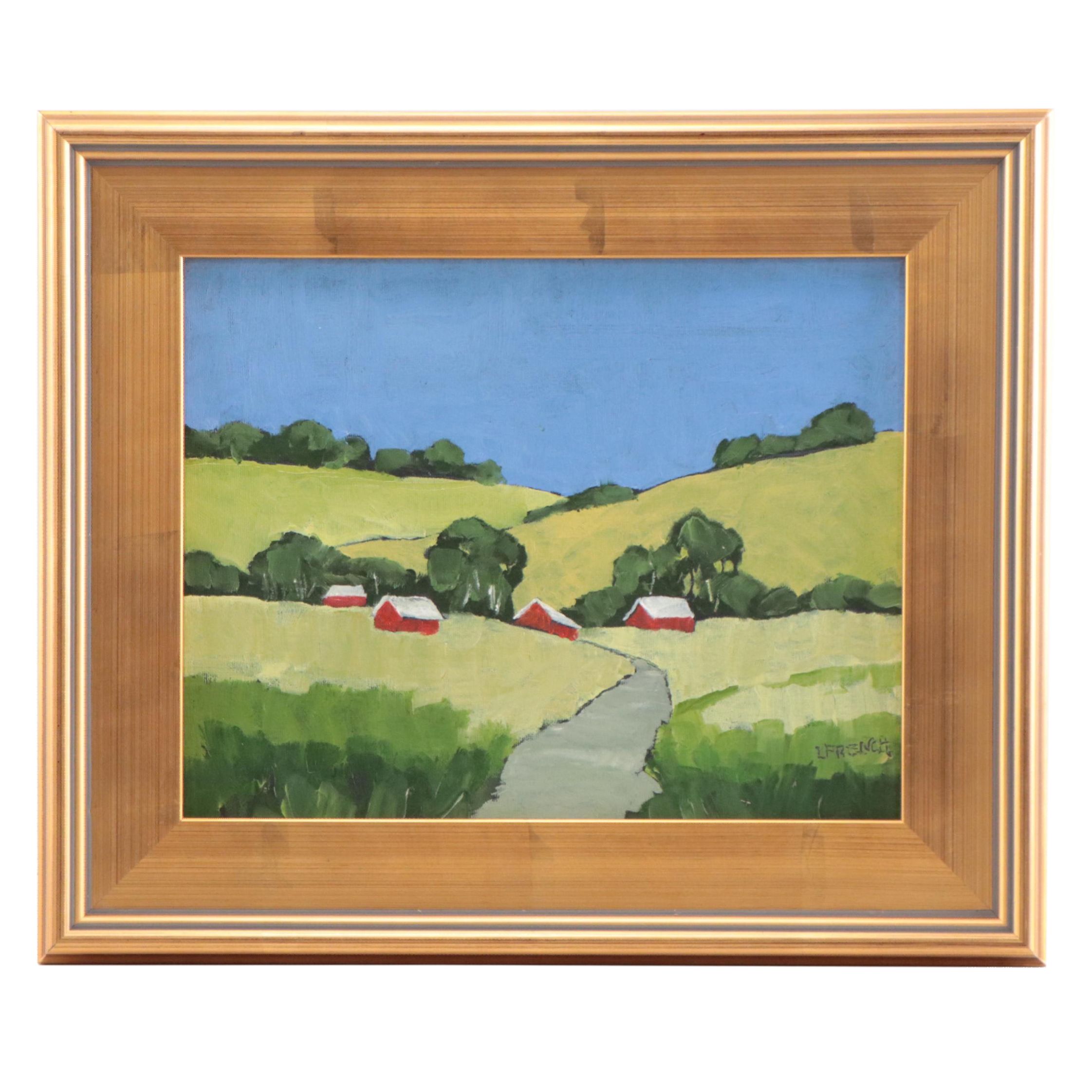 Lynne French Landscape Oil Painting of Farmhouses, 21st Century