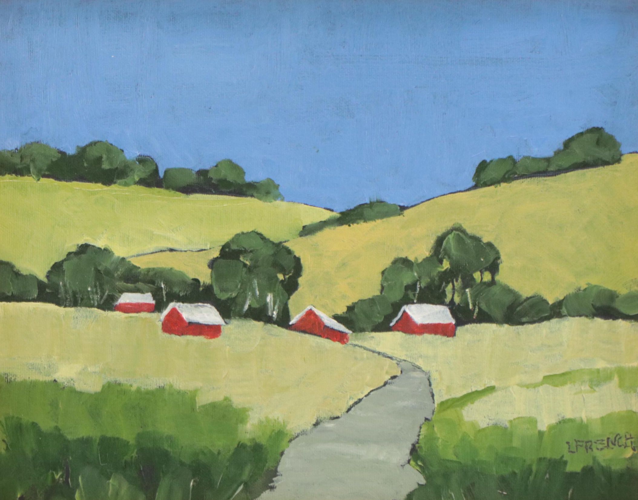 Lynne French Landscape Oil Painting of Farmhouses, 21st Century
