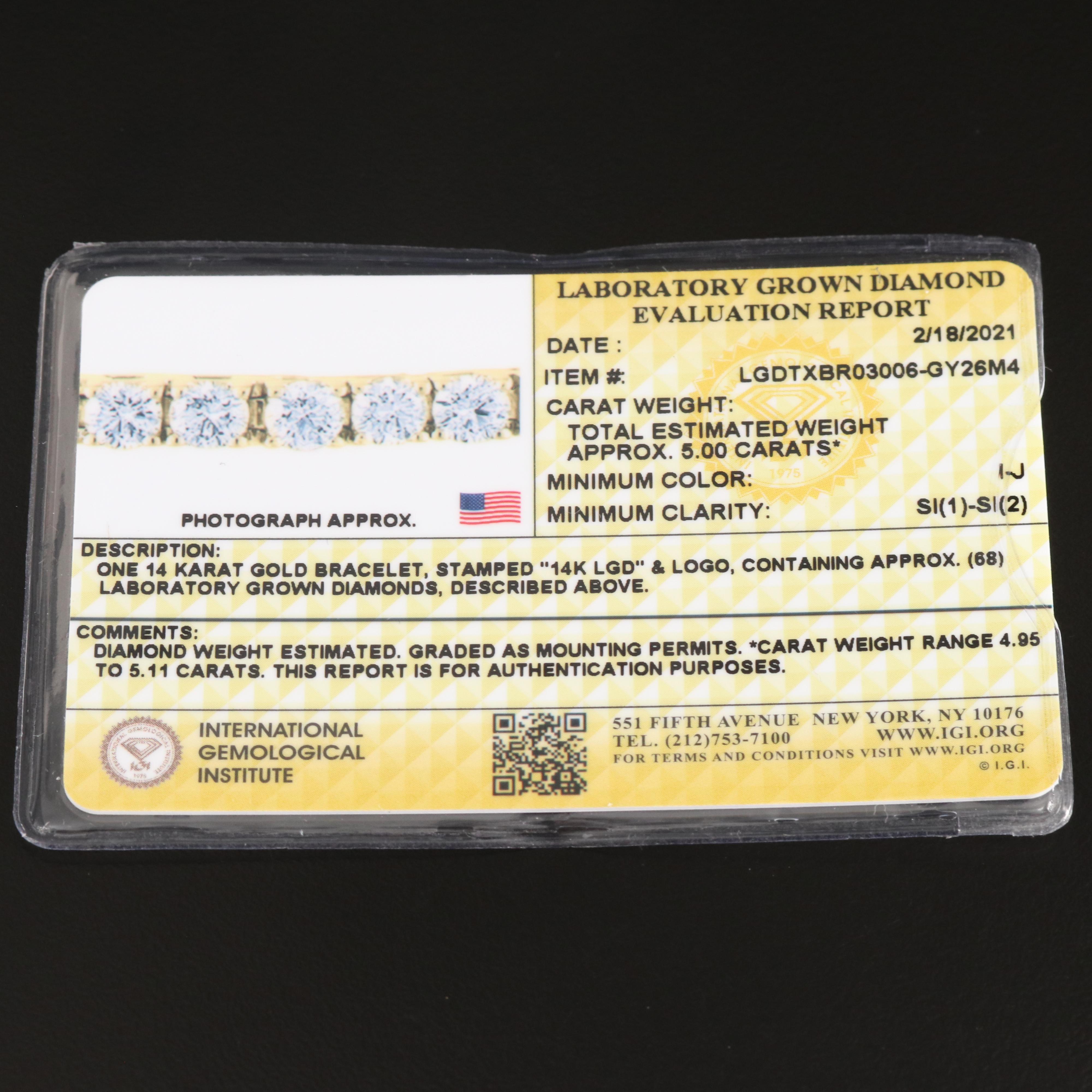 14K 5.00 CTW Lab Grown Diamond Line Bracelet with IGI Report