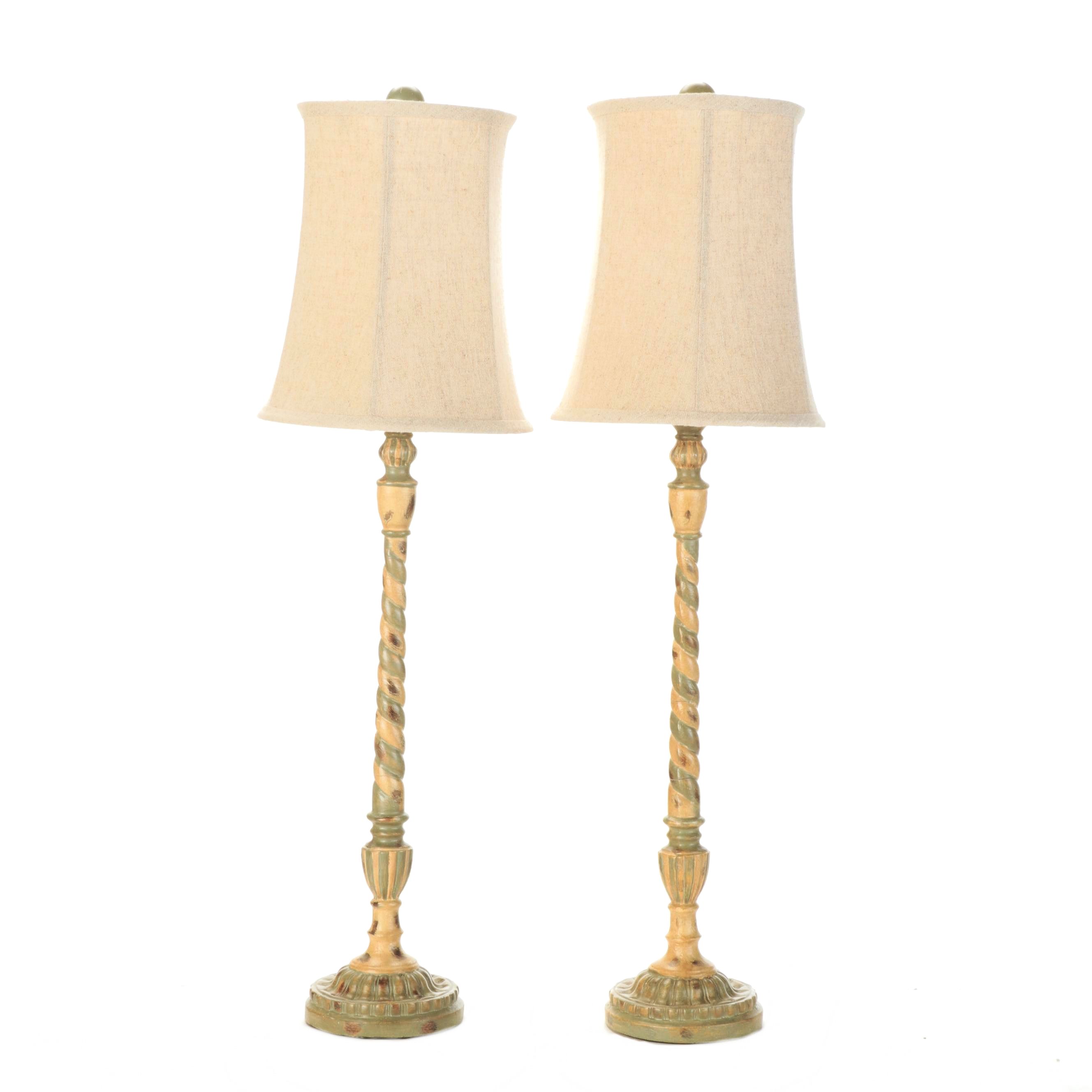 Pair of Great Creator Paint-Decorated Spiral Carved Candlestick Lamps, 21st C