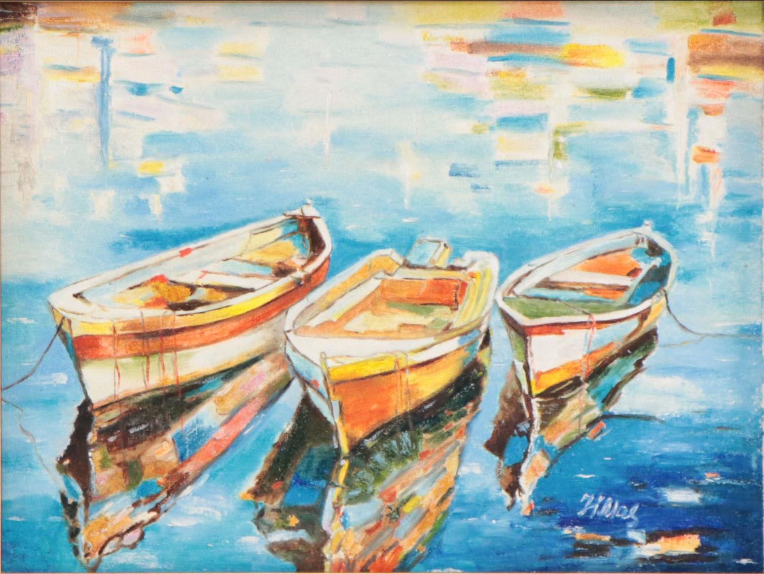 H. Mas Acrylic Painting of Rowboats, Late 20th Century