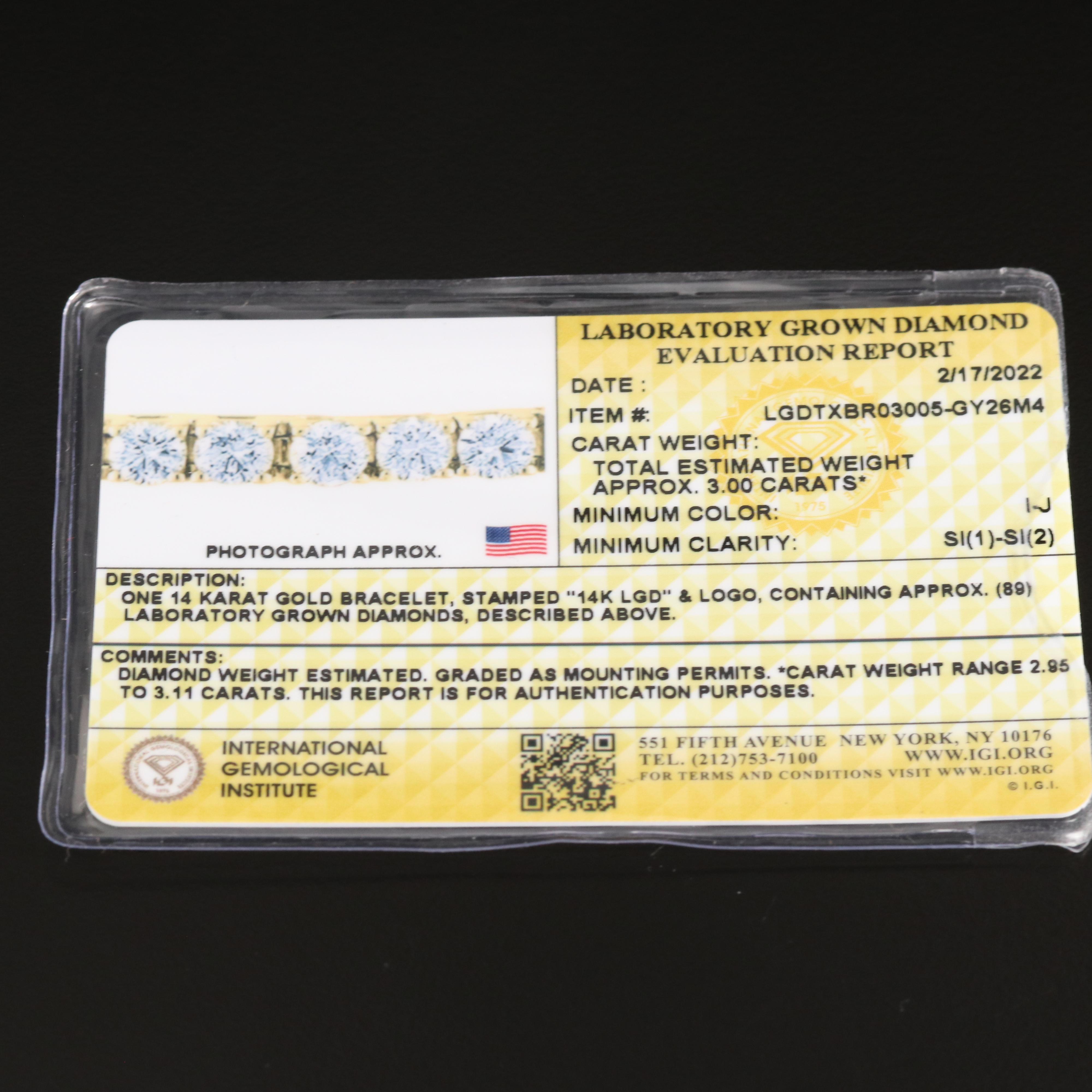 14K 3.00 CTW Lab Grown Diamond Line Bracelet with IGI Report