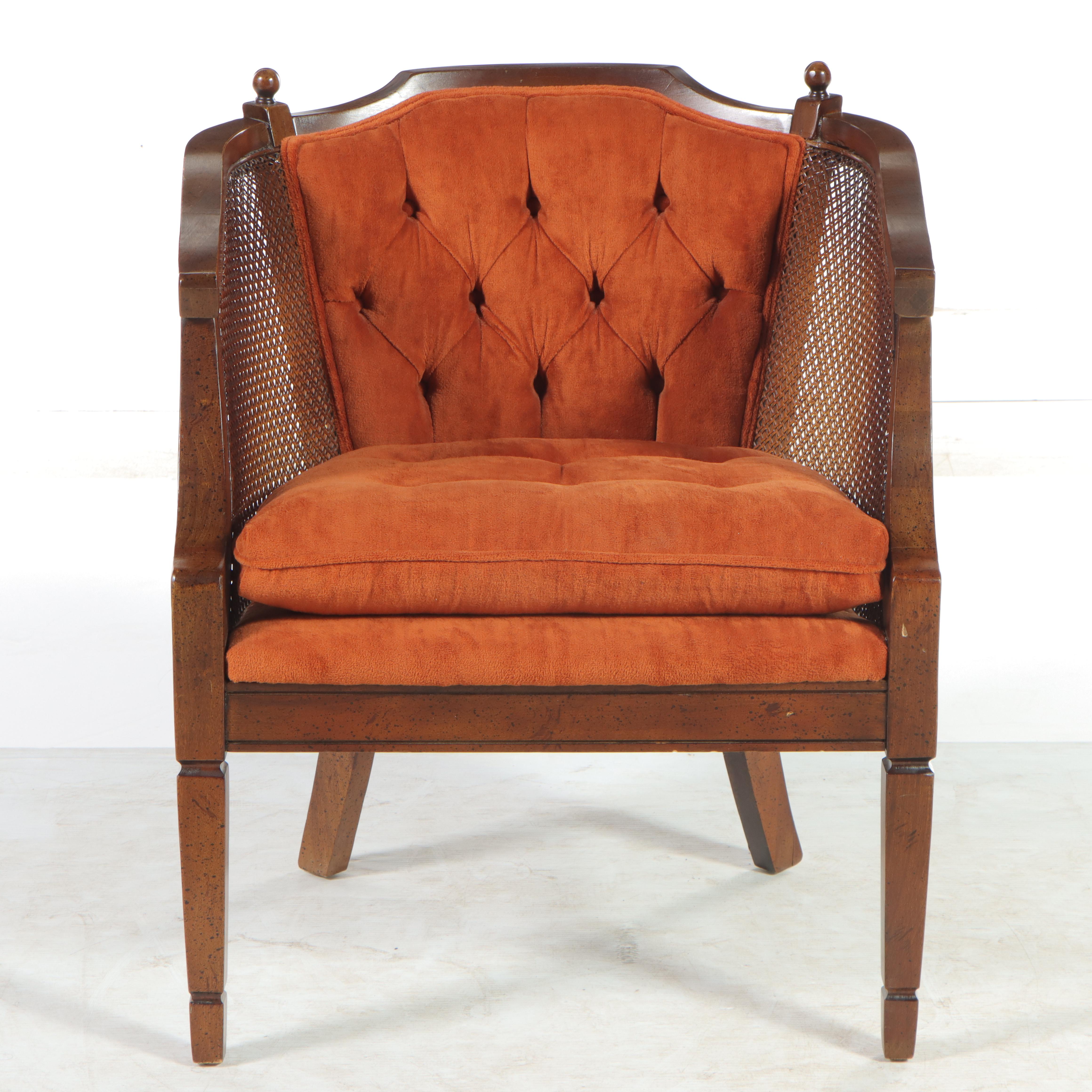 Neoclassical Style Buttoned-Down and Caned Hardwood Armchair, circa 1970