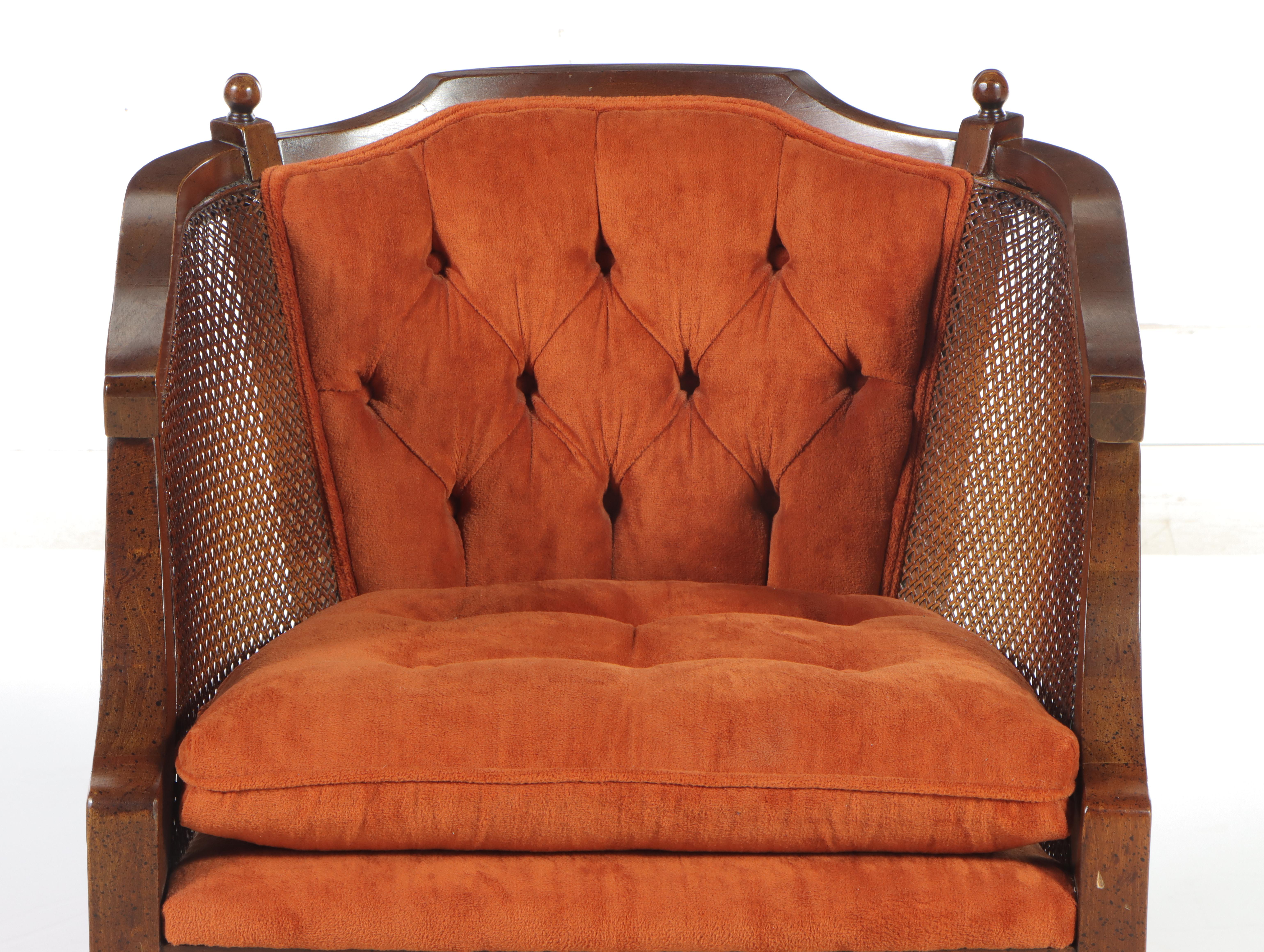 Neoclassical Style Buttoned-Down and Caned Hardwood Armchair, circa 1970
