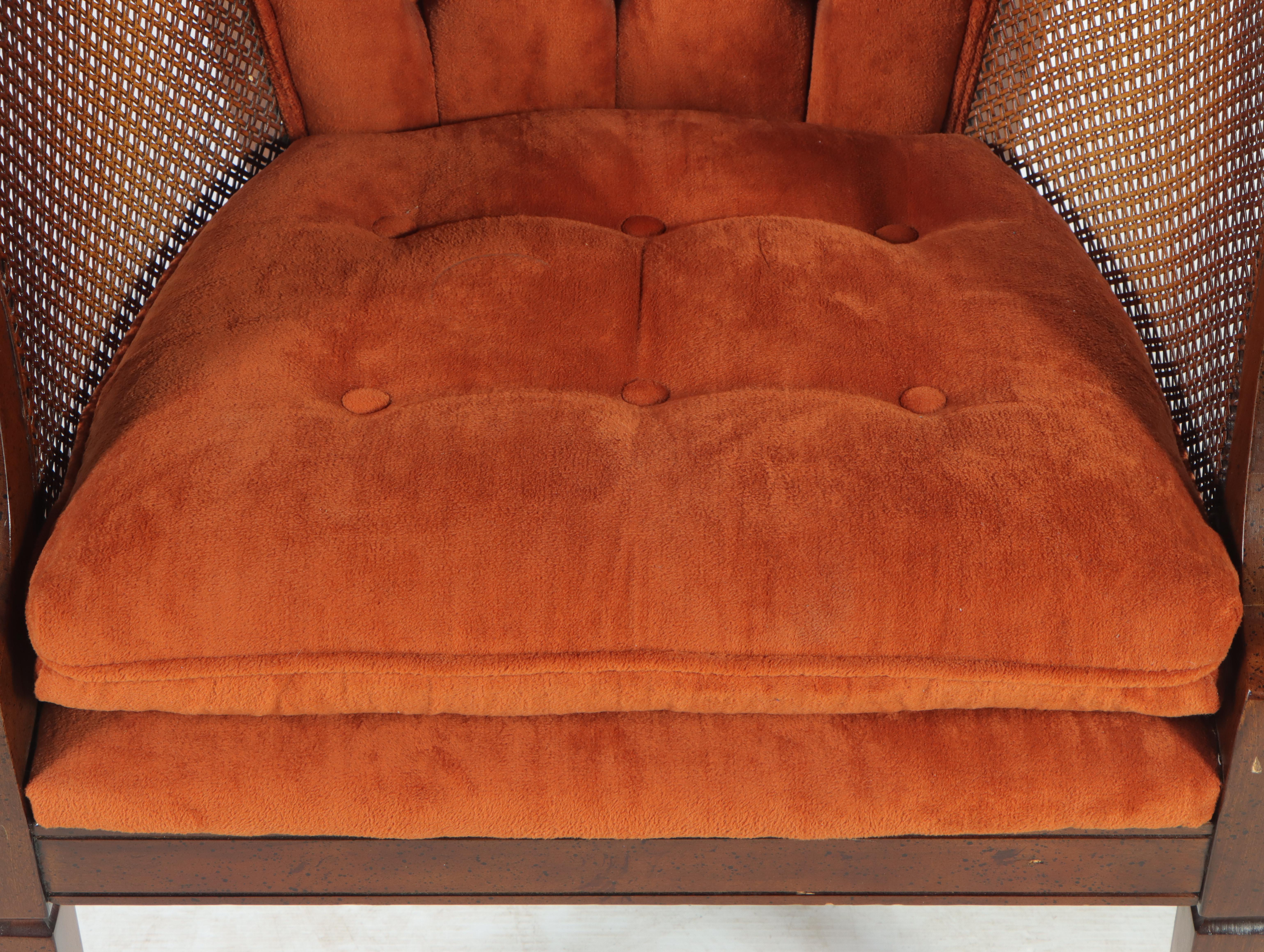 Neoclassical Style Buttoned-Down and Caned Hardwood Armchair, circa 1970