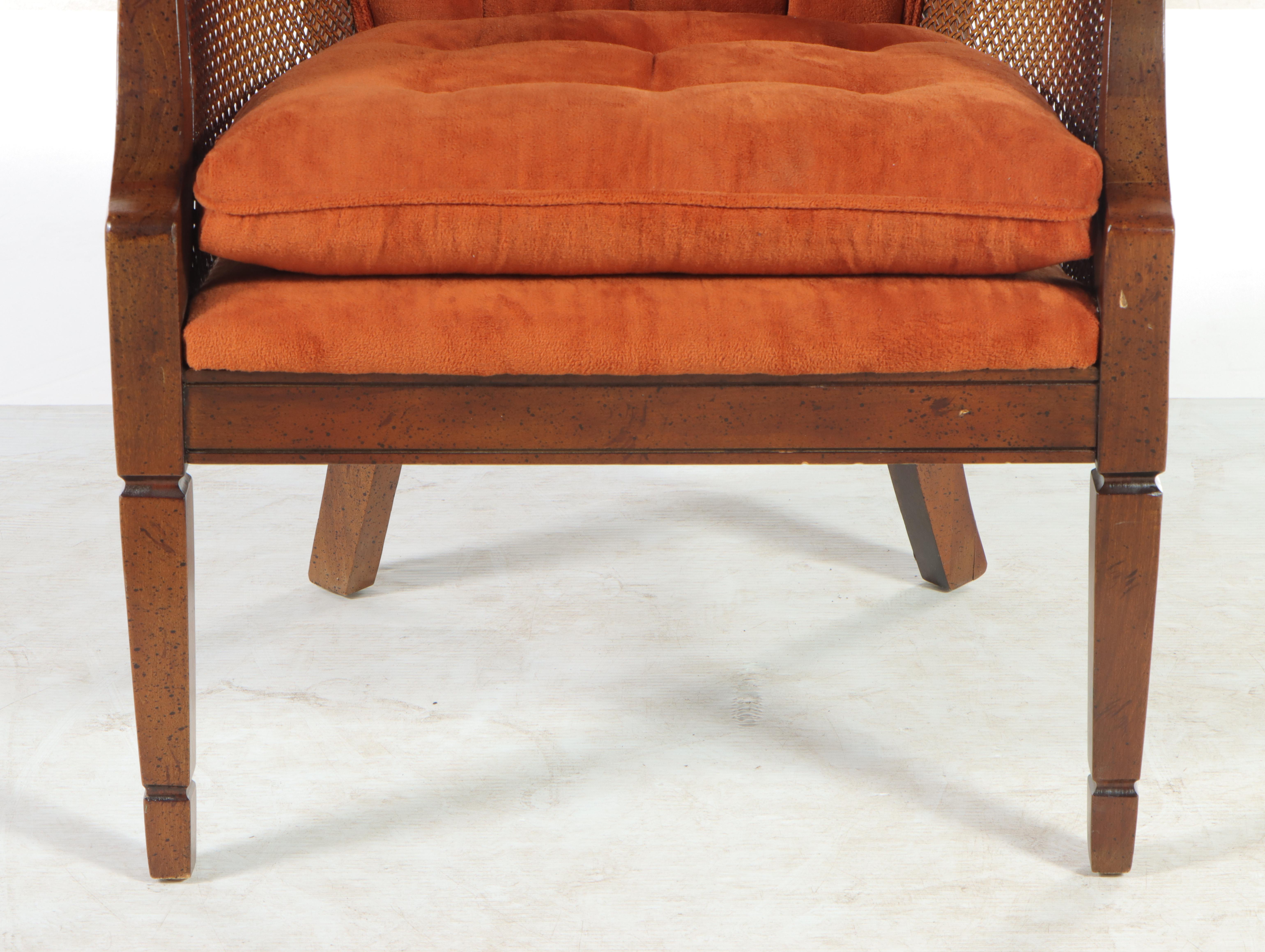 Neoclassical Style Buttoned-Down and Caned Hardwood Armchair, circa 1970