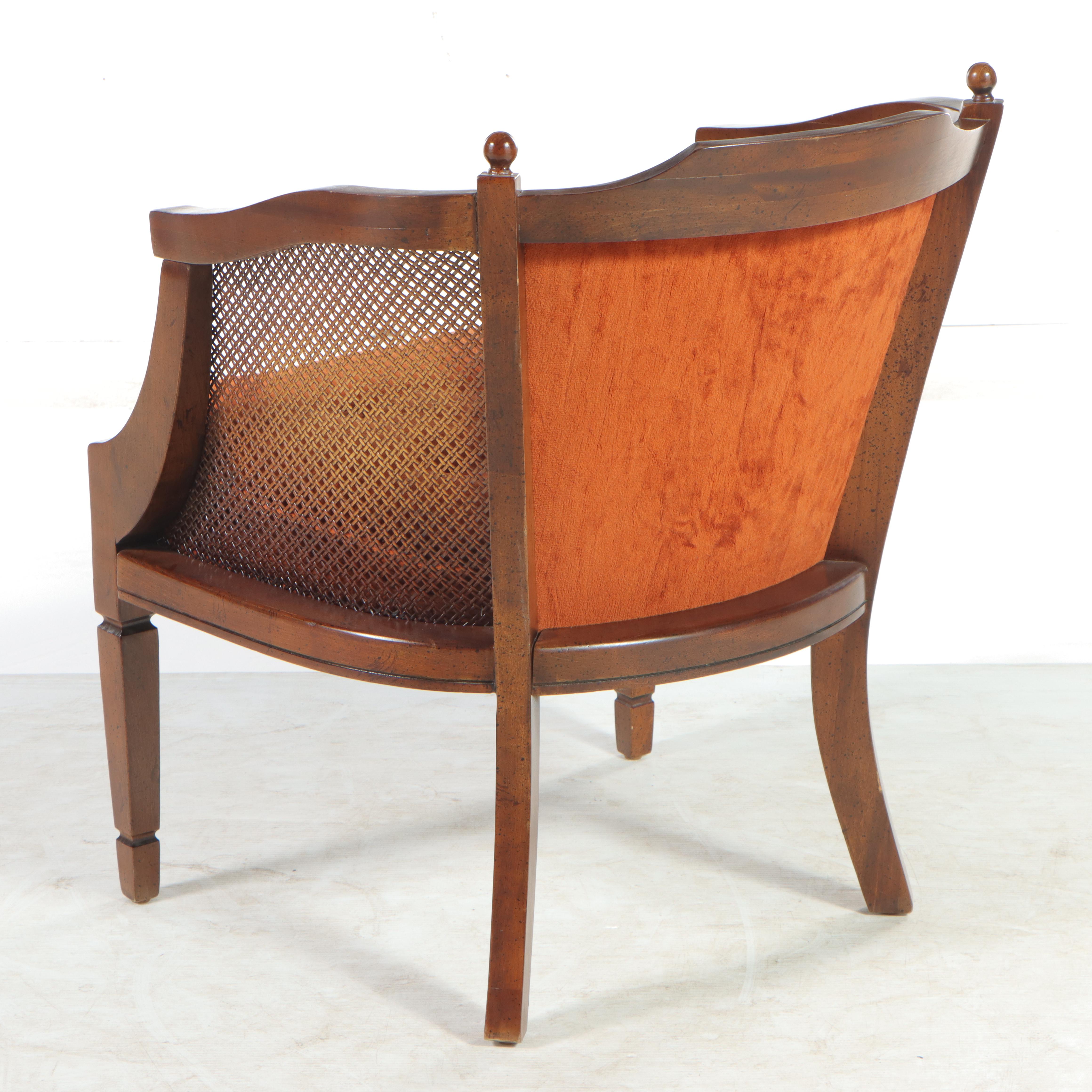 Neoclassical Style Buttoned-Down and Caned Hardwood Armchair, circa 1970