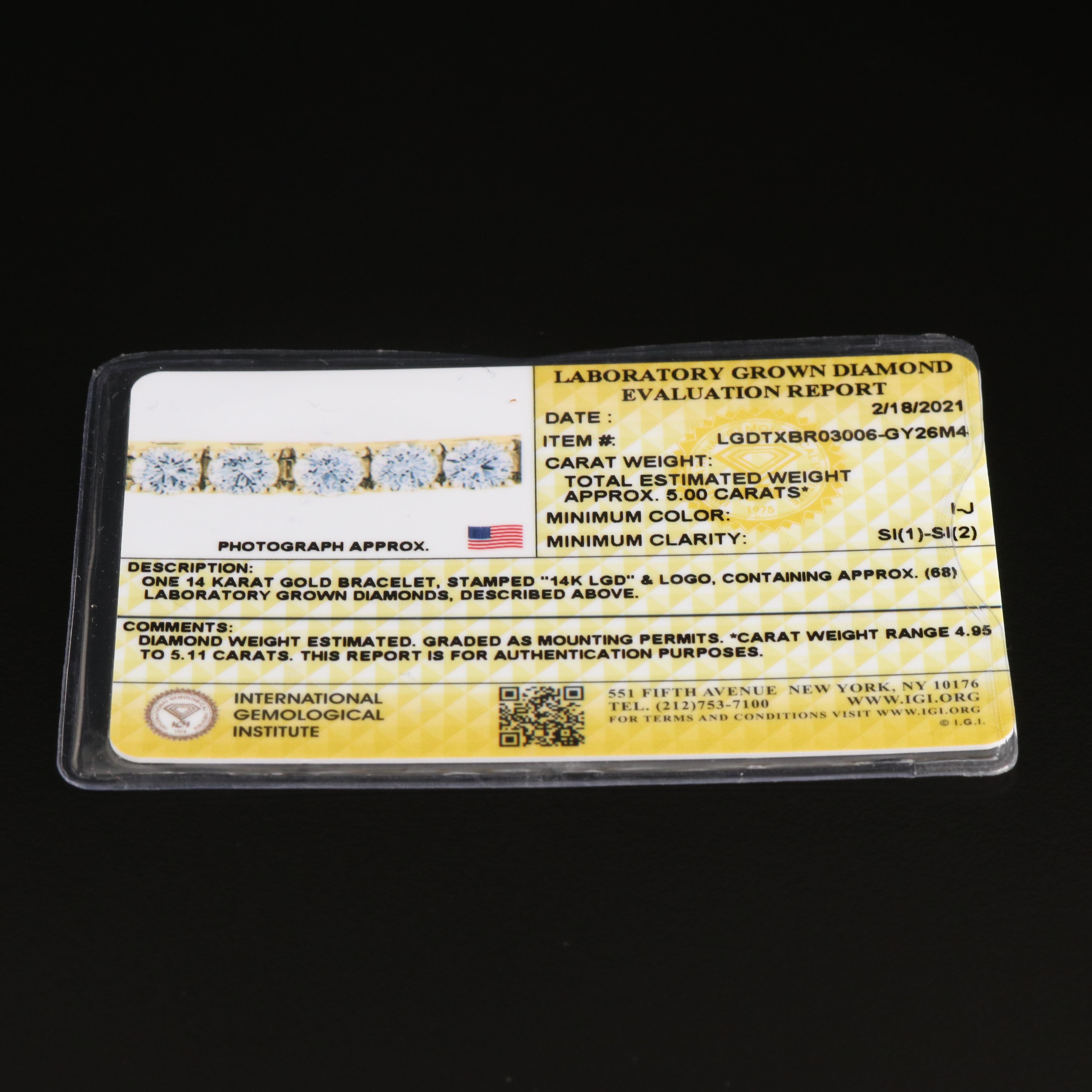 14K 5.00 CTW Lab Grown Diamond Line Bracelet with IGI Report