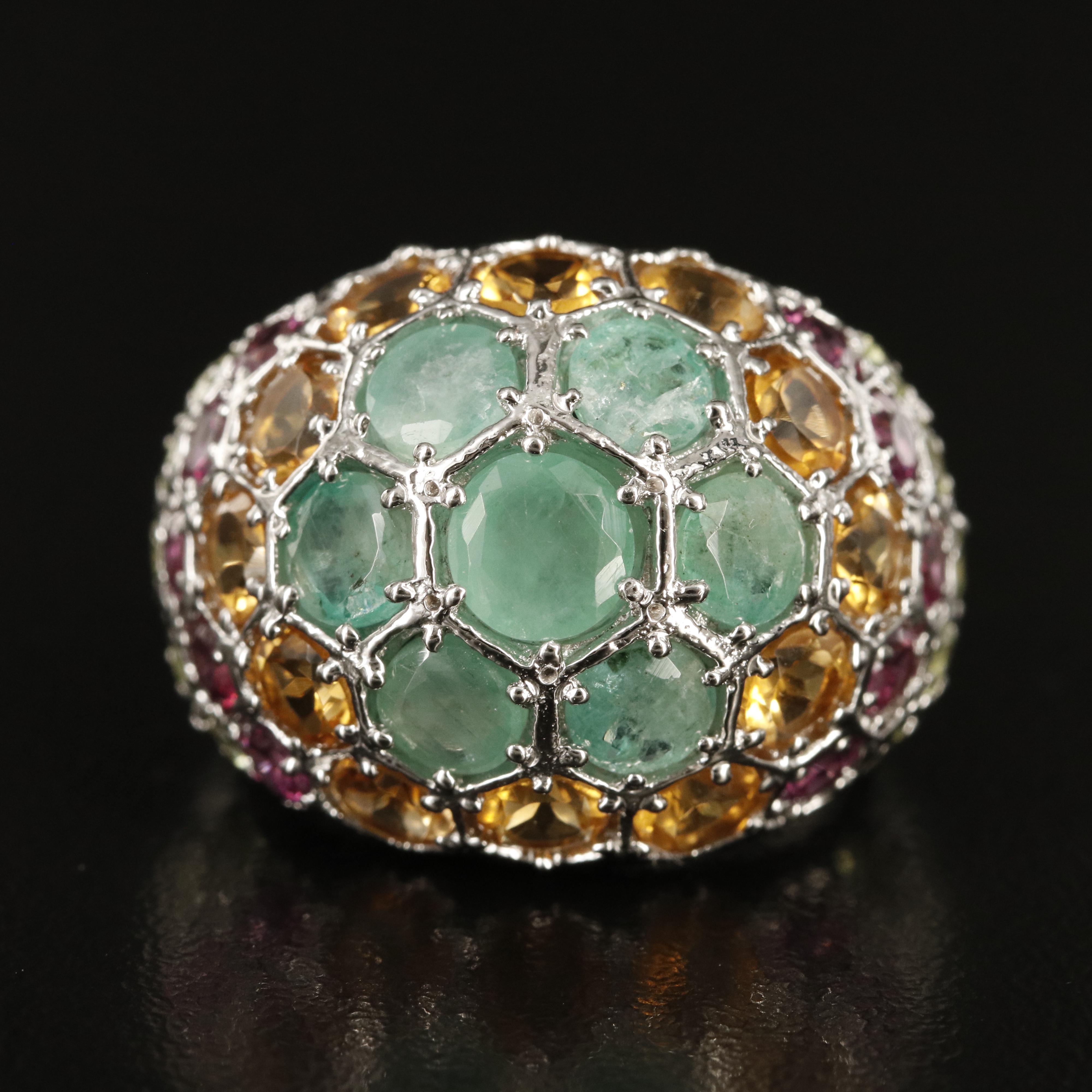 Sterling Ring Including Emerald, Citrine and Rhodolite Garnet