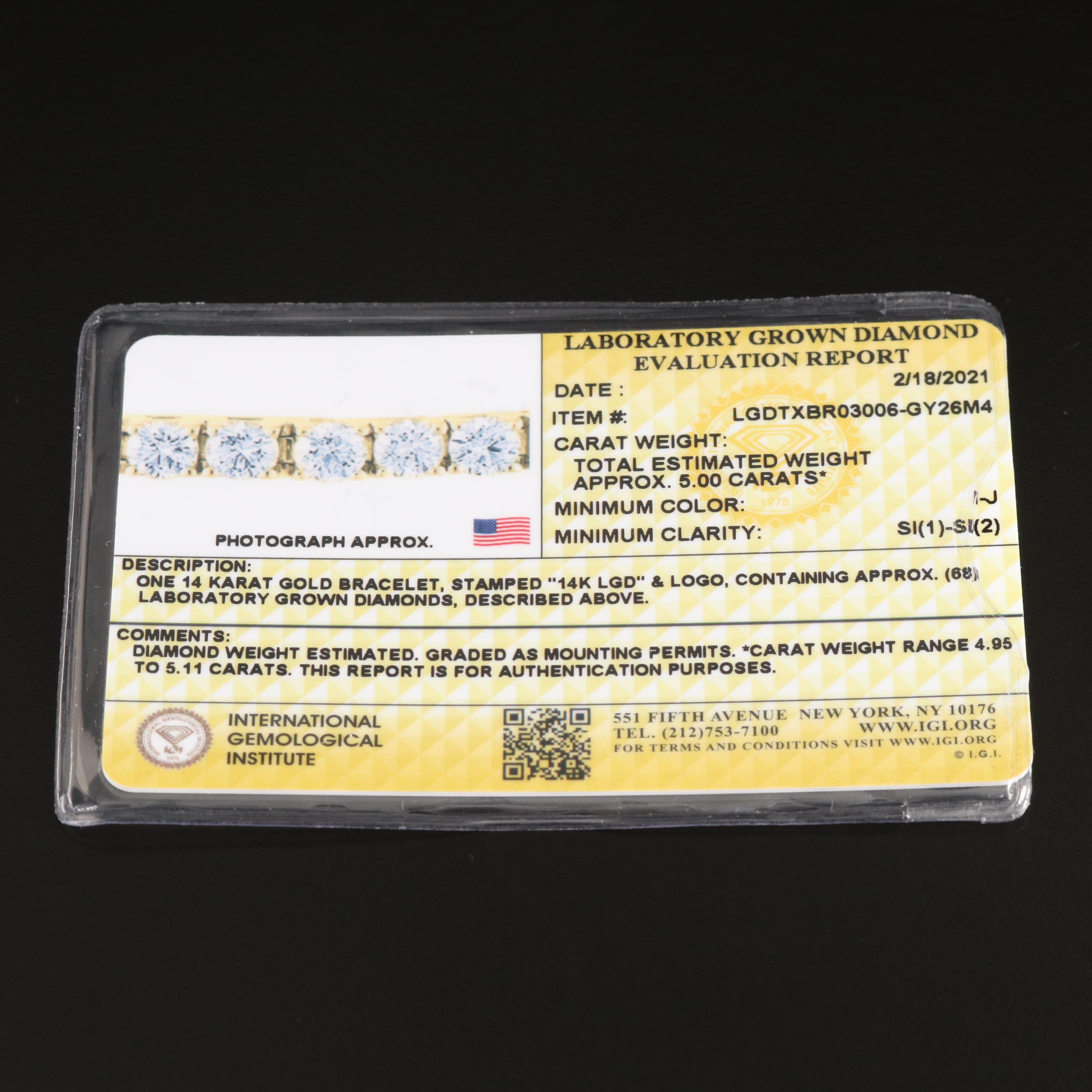 14K 5.00 CTW Lab Grown Diamond Line Bracelet with IGI Report