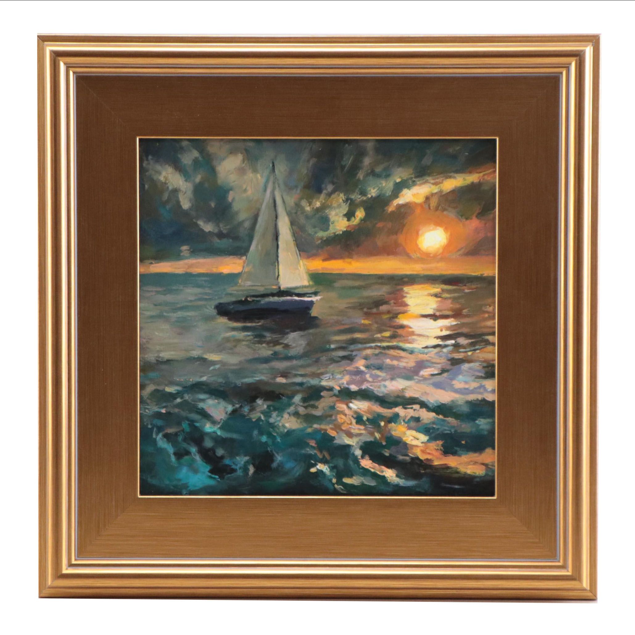 Oil Painting of Sailing Ship at Sunrise, 1998