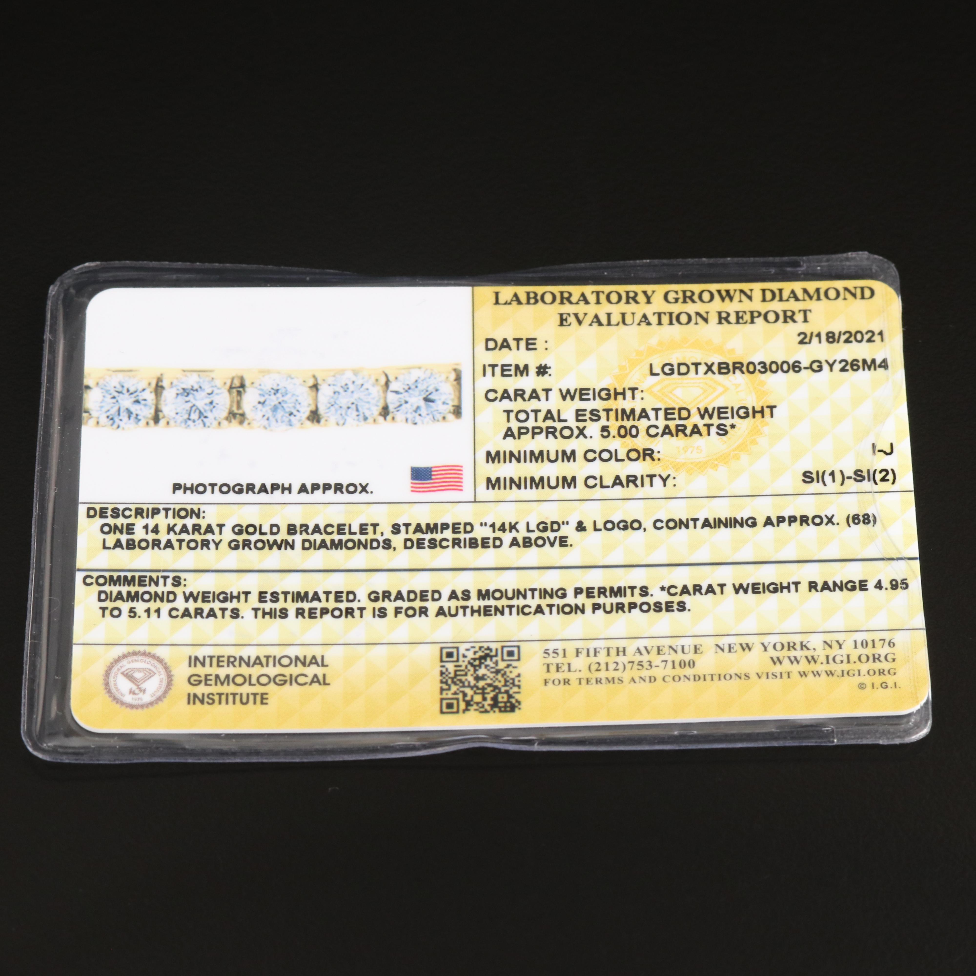 14K 5.00 CTW Lab Grown Diamond Line Bracelet with IGI Report