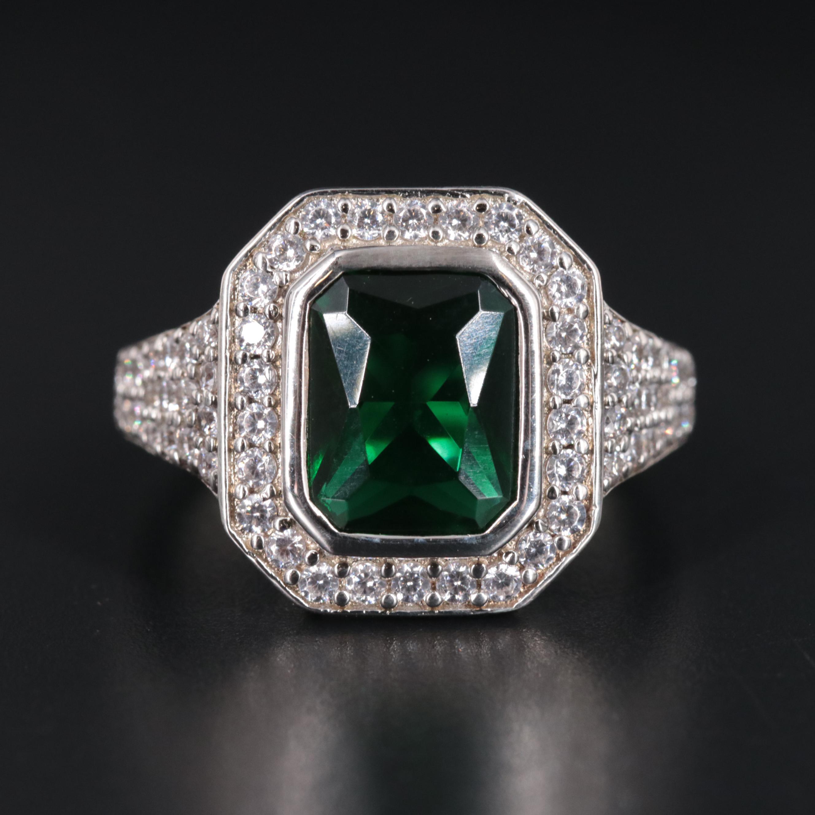Sterling Silver Emerald and Cubic Zirconia Ring