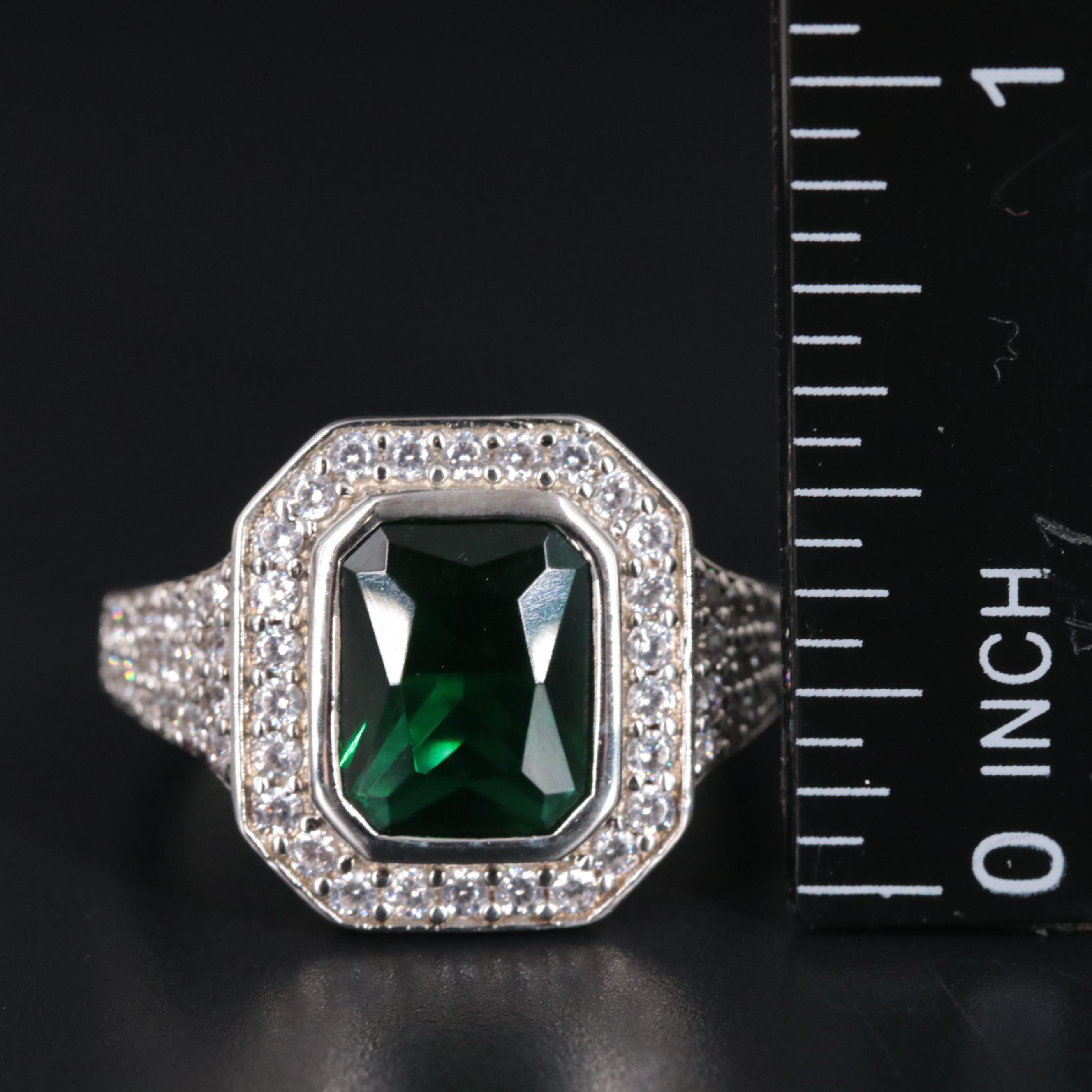 Sterling Silver Emerald and Cubic Zirconia Ring