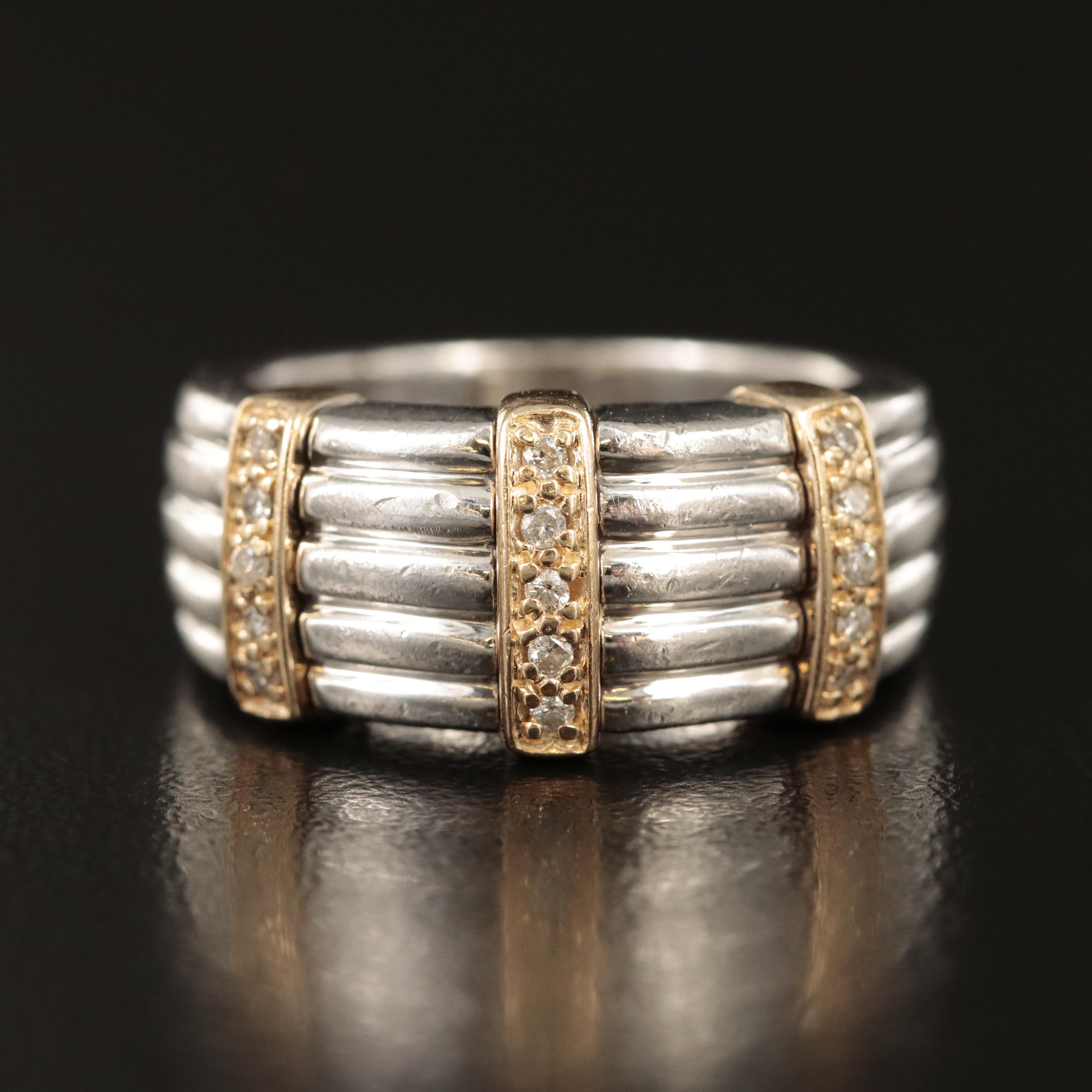 Sterling Diamond Fluted Ring with 14K Accents