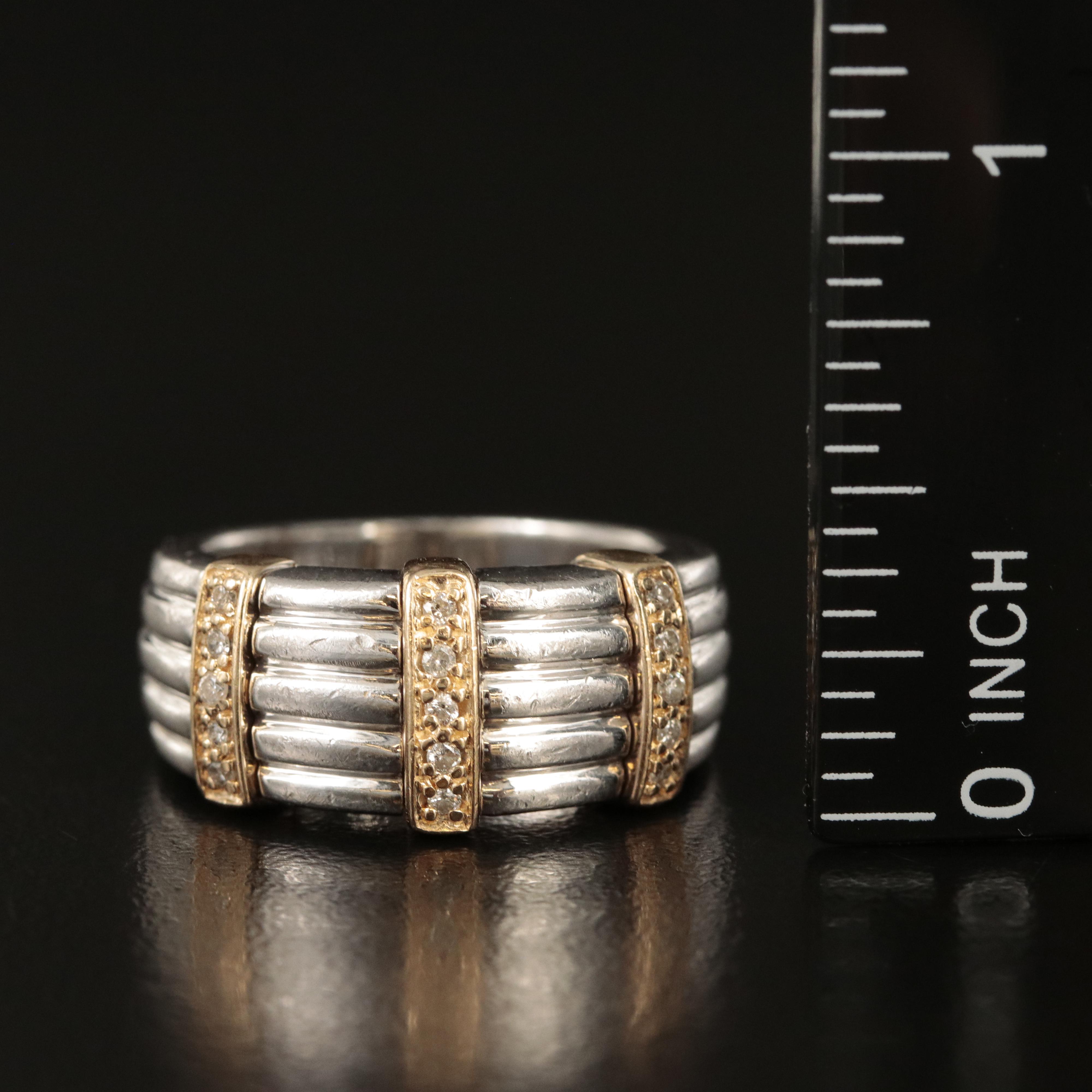 Sterling Diamond Fluted Ring with 14K Accents