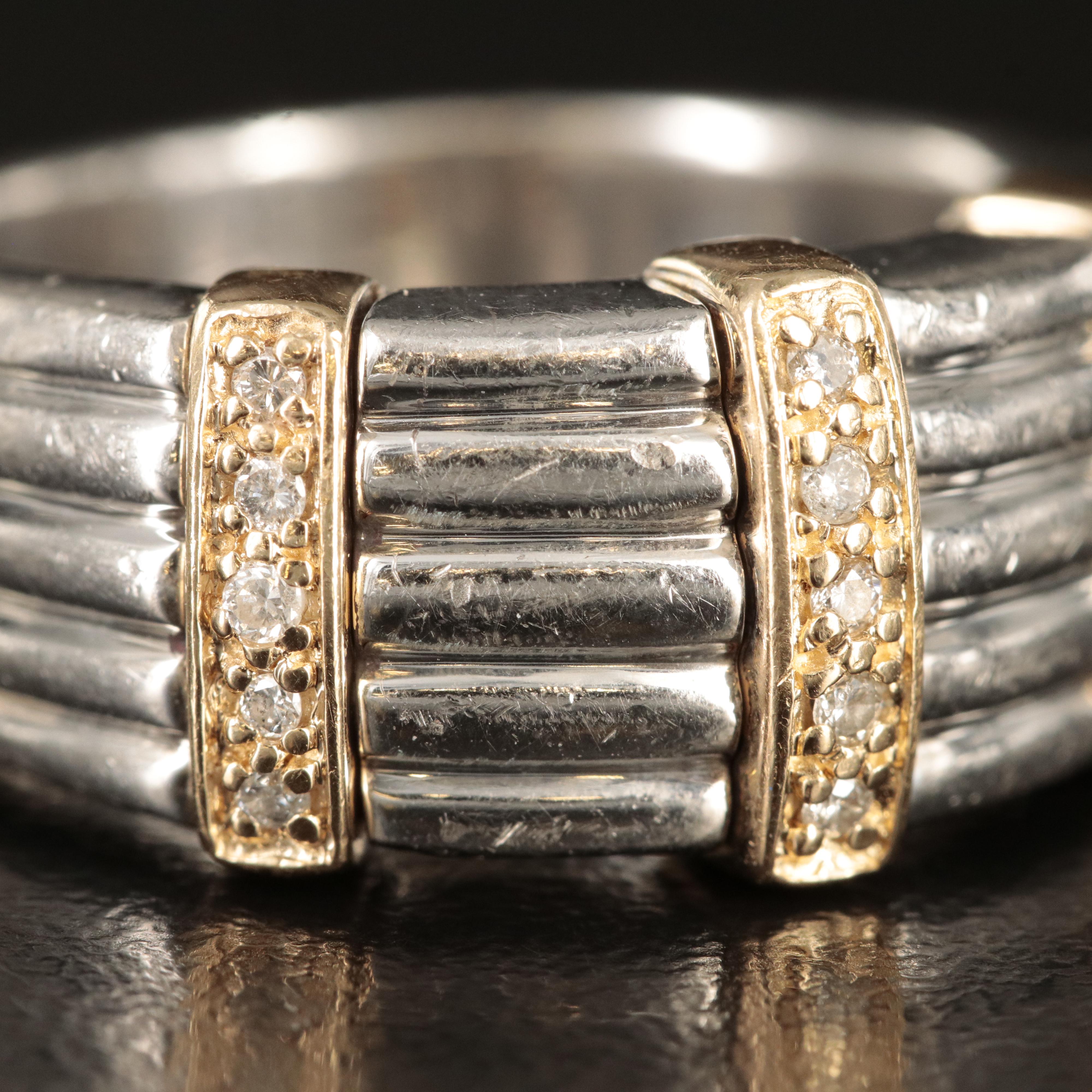 Sterling Diamond Fluted Ring with 14K Accents