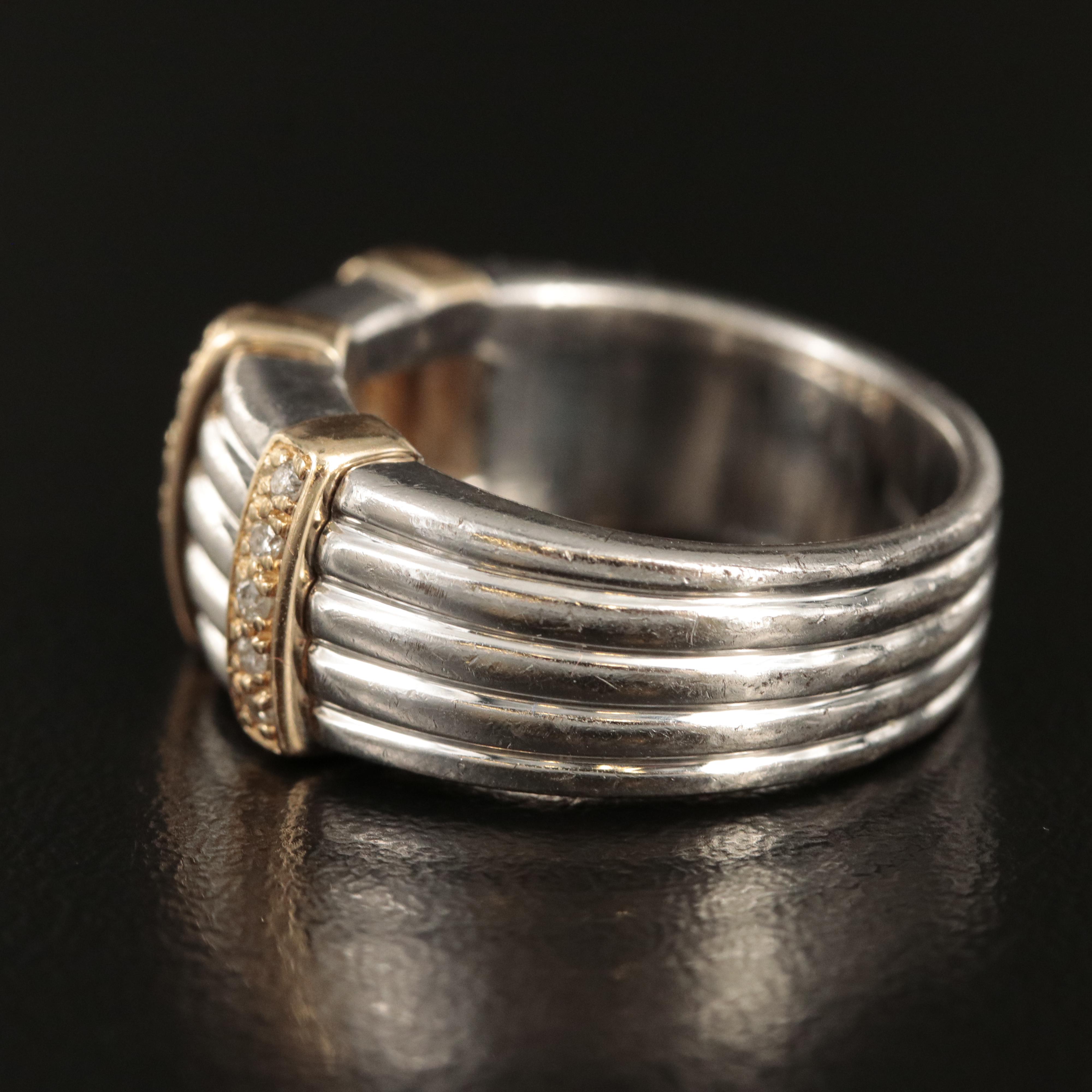 Sterling Diamond Fluted Ring with 14K Accents