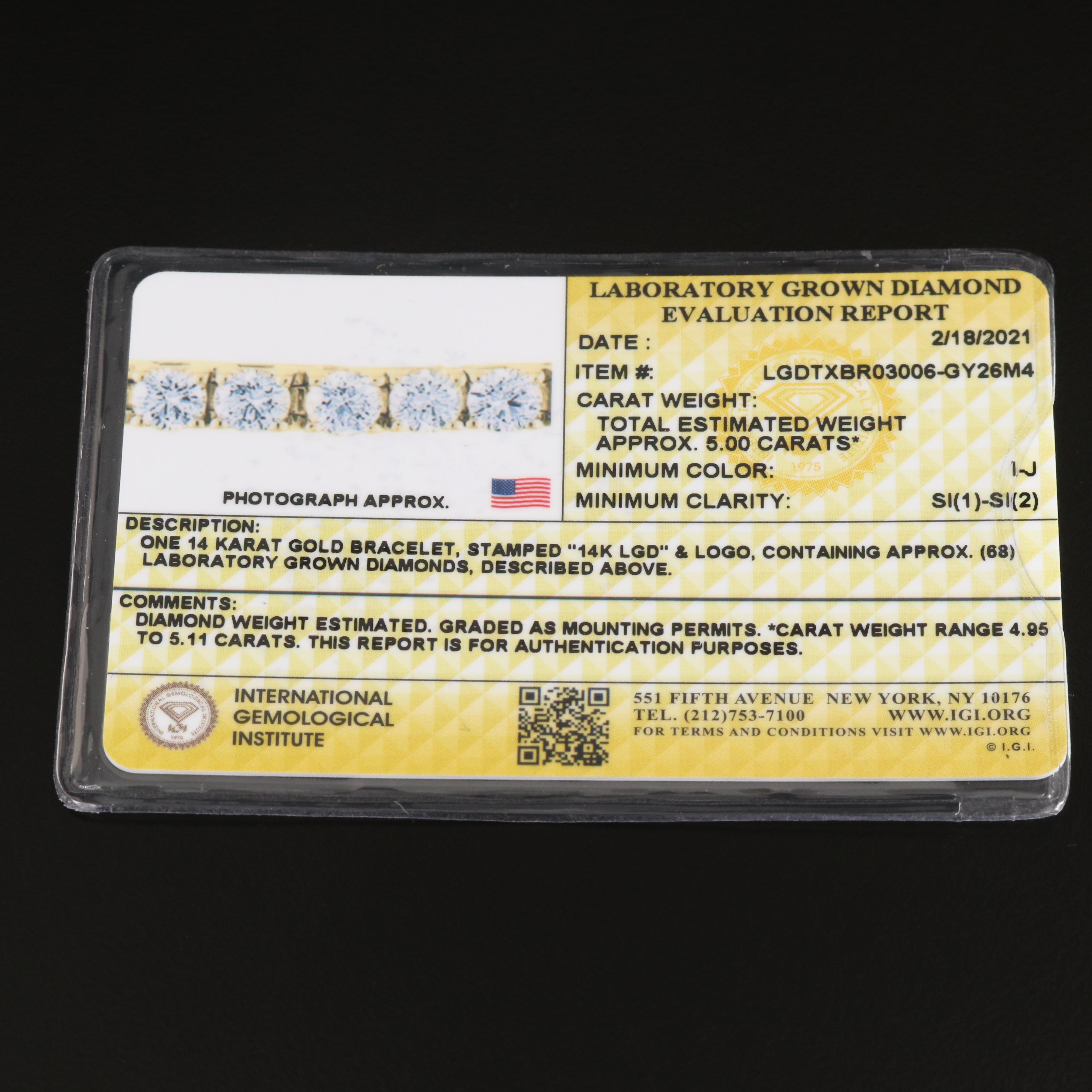 14K 5.00 CTW Lab Grown Diamond Line Bracelet with IGI Report