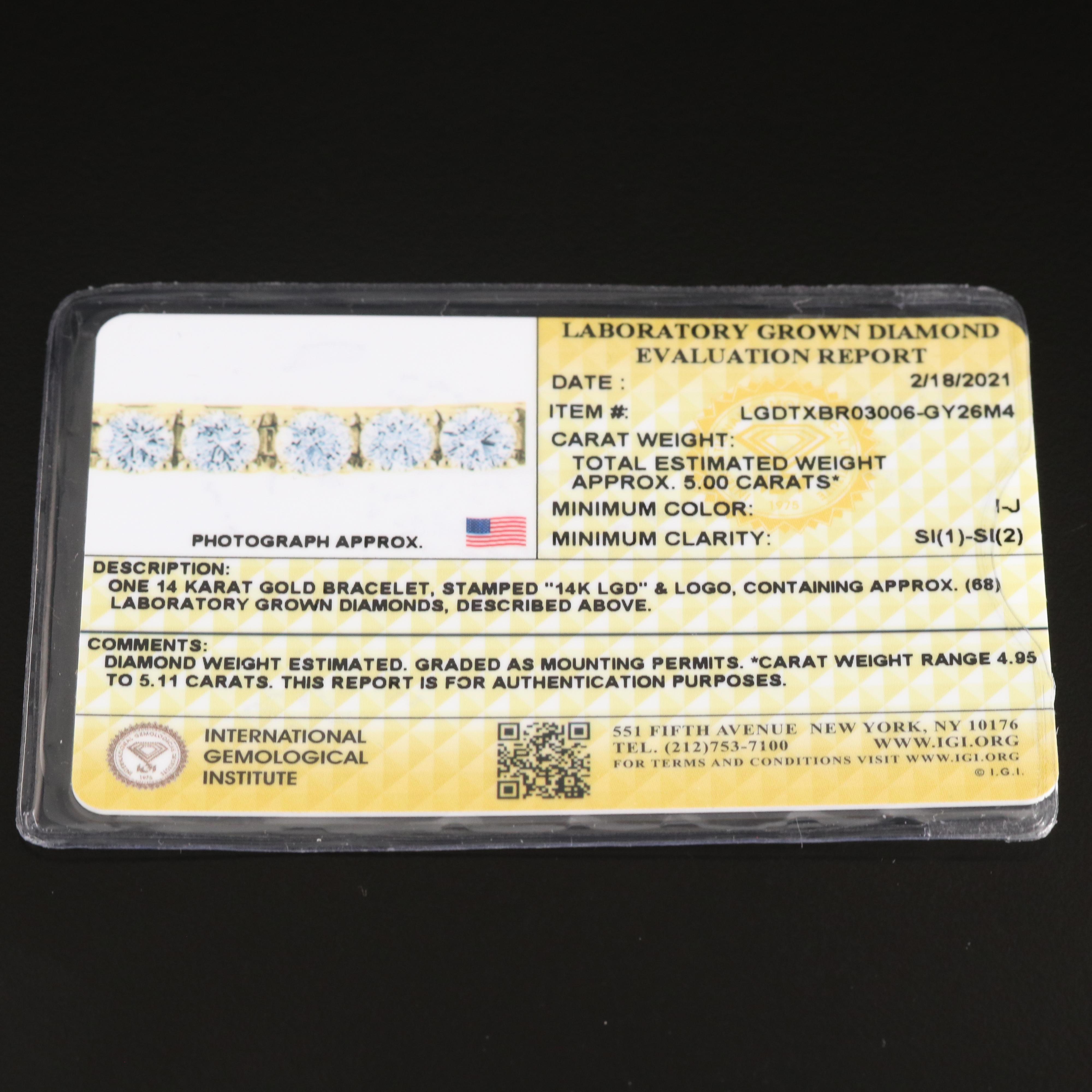 14K 5.00 CTW Lab Grown Diamond Line Bracelet with IGI Report