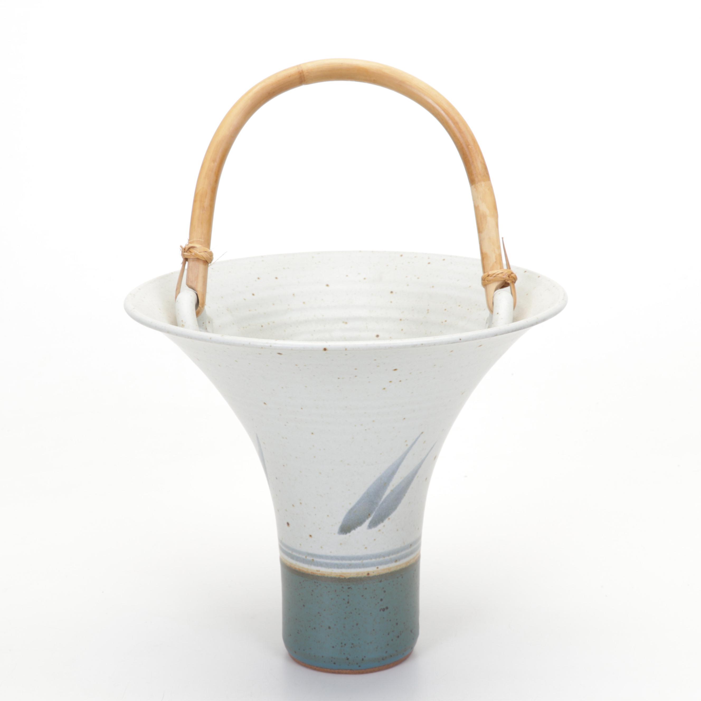 Studio Pottery Rattan Handled Basket, Lidded Canister and Small Vase