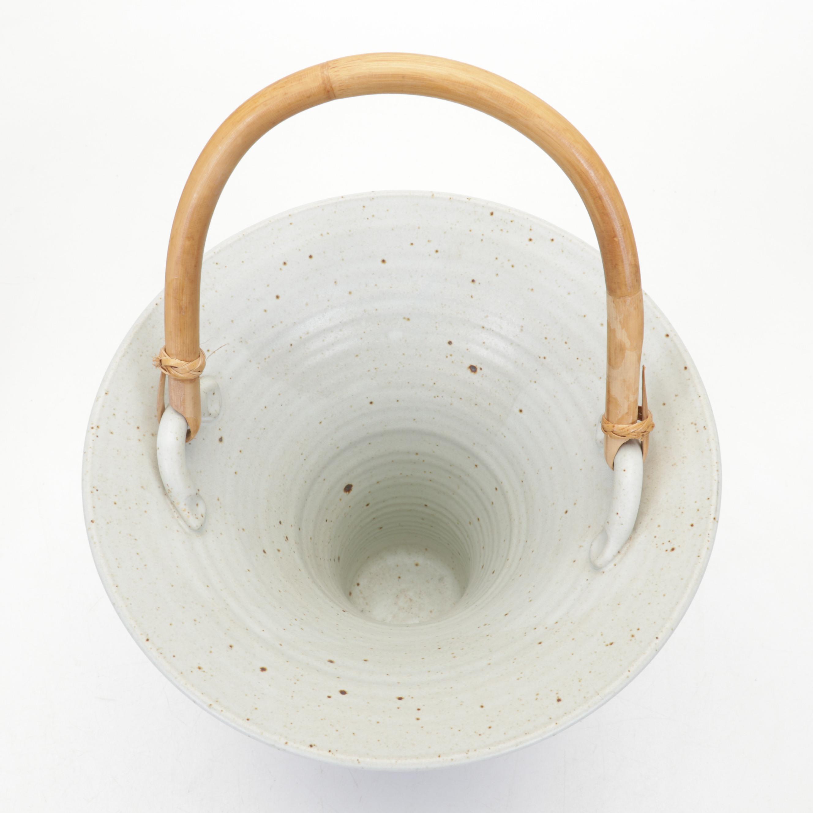 Studio Pottery Rattan Handled Basket, Lidded Canister and Small Vase