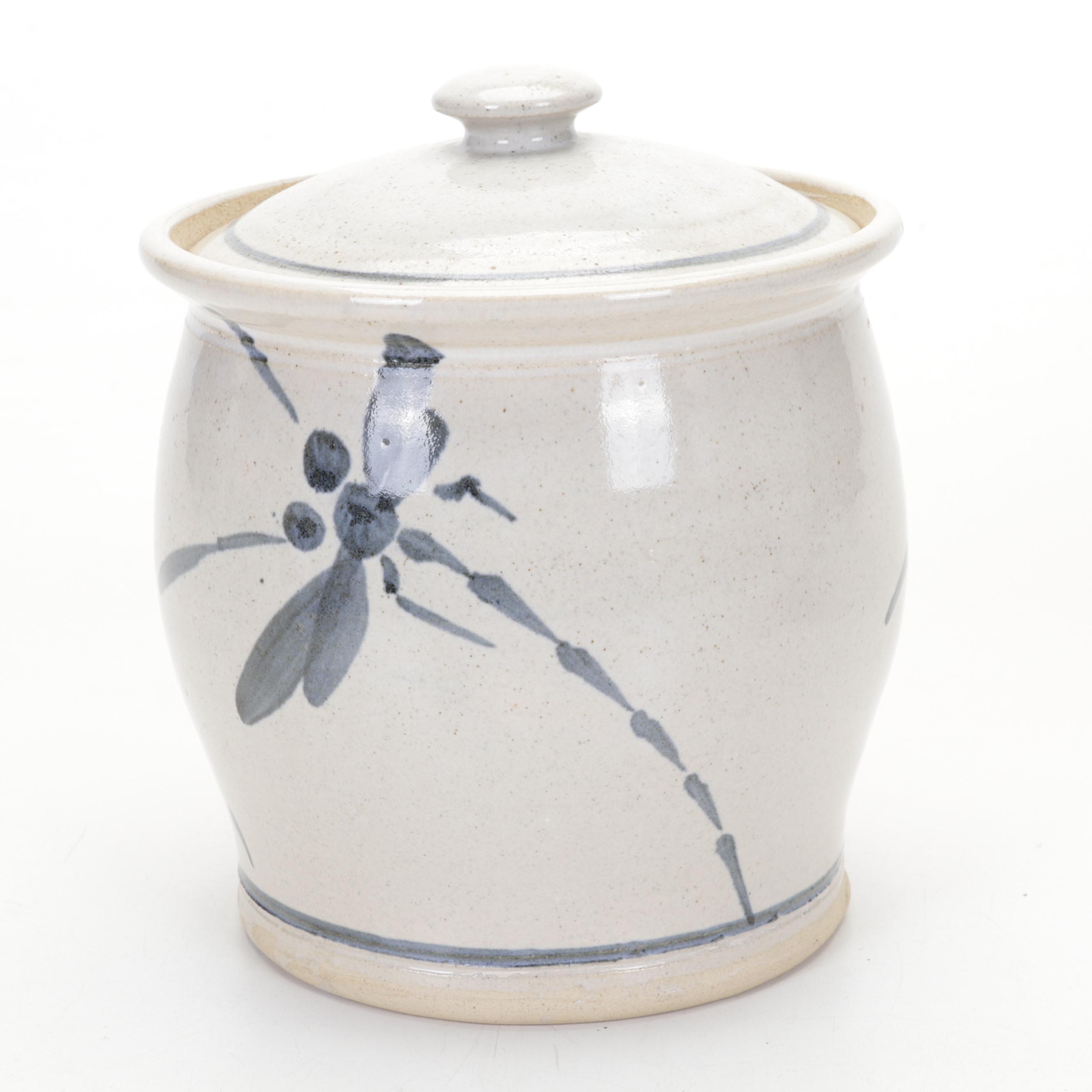 Studio Pottery Rattan Handled Basket, Lidded Canister and Small Vase