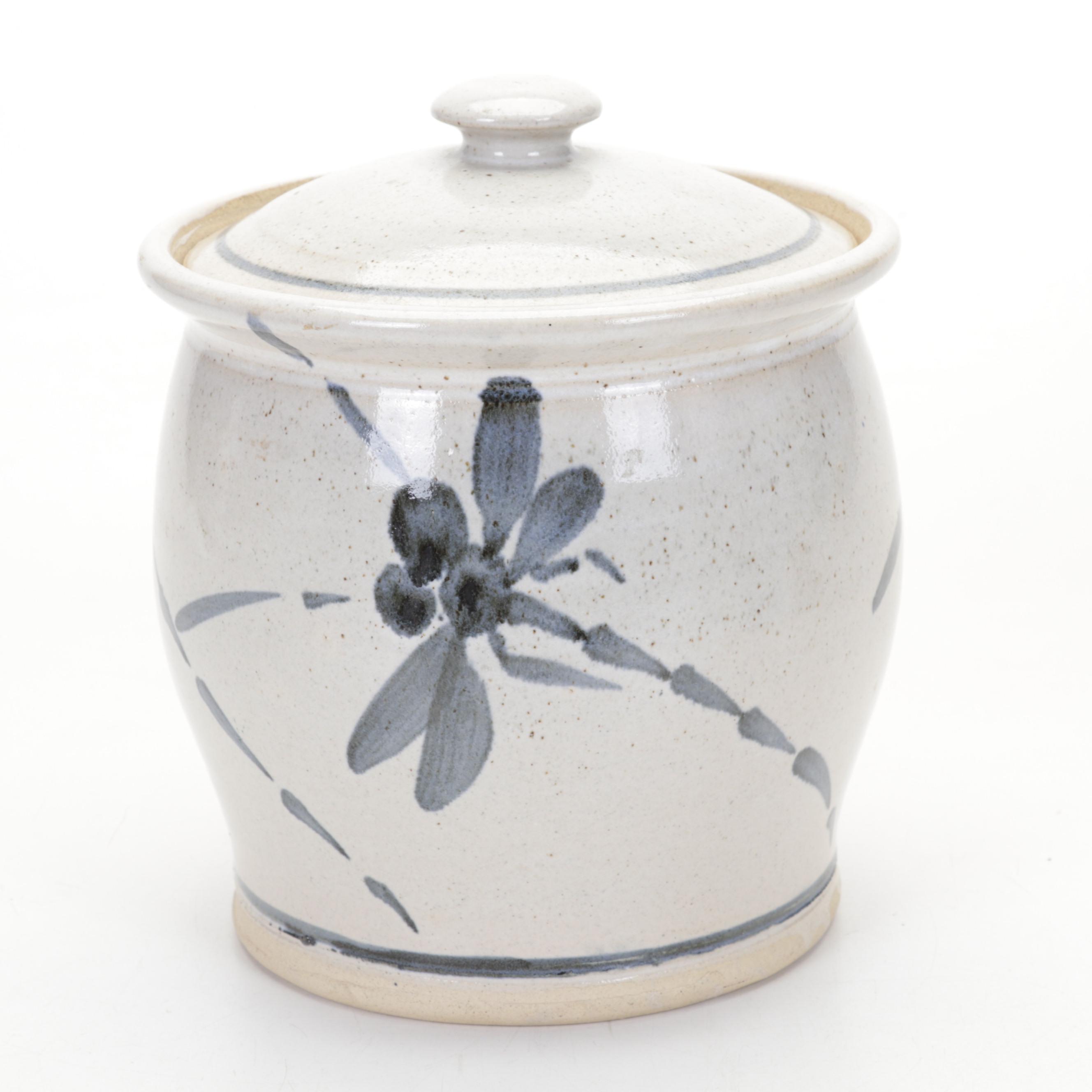 Studio Pottery Rattan Handled Basket, Lidded Canister and Small Vase