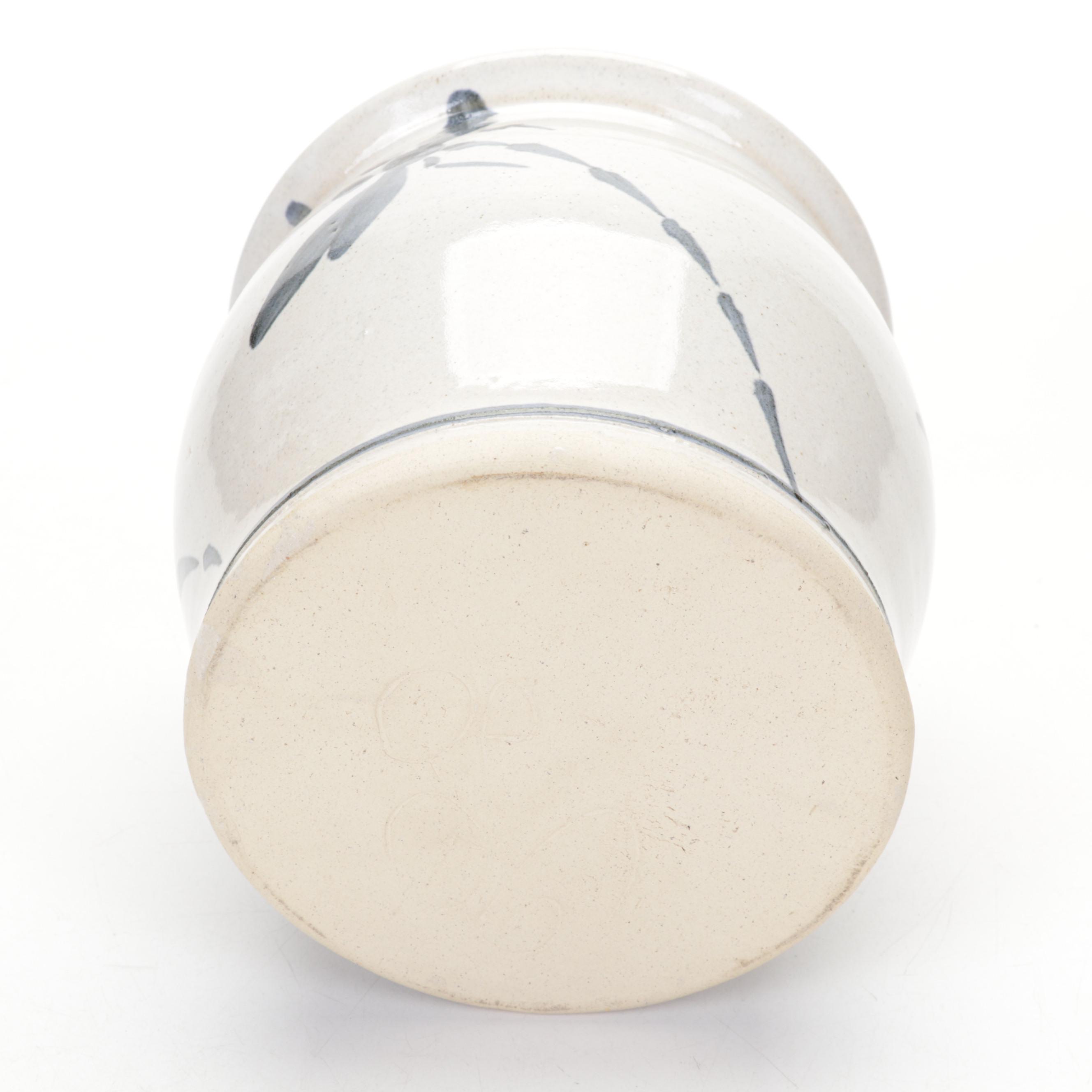 Studio Pottery Rattan Handled Basket, Lidded Canister and Small Vase