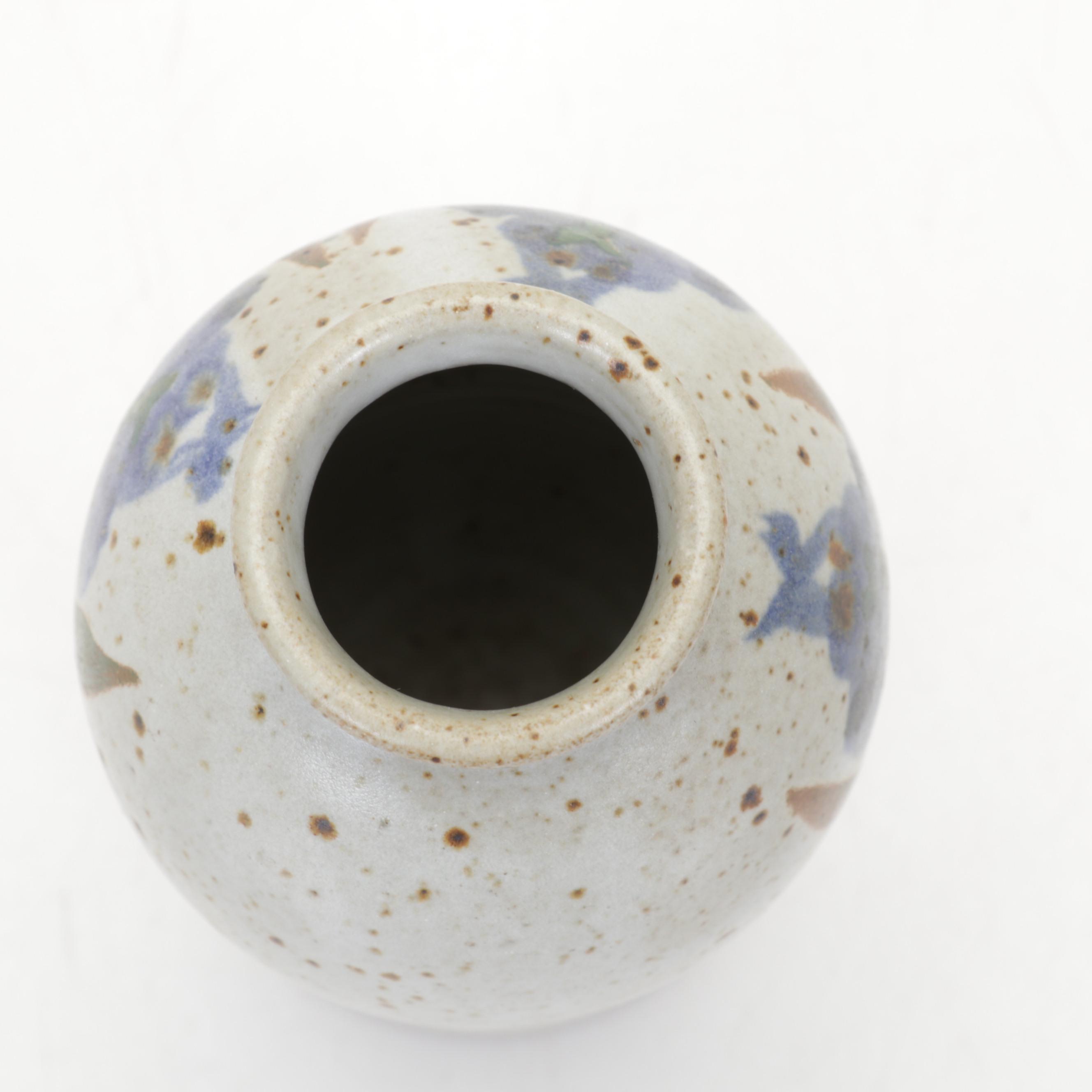 Studio Pottery Rattan Handled Basket, Lidded Canister and Small Vase