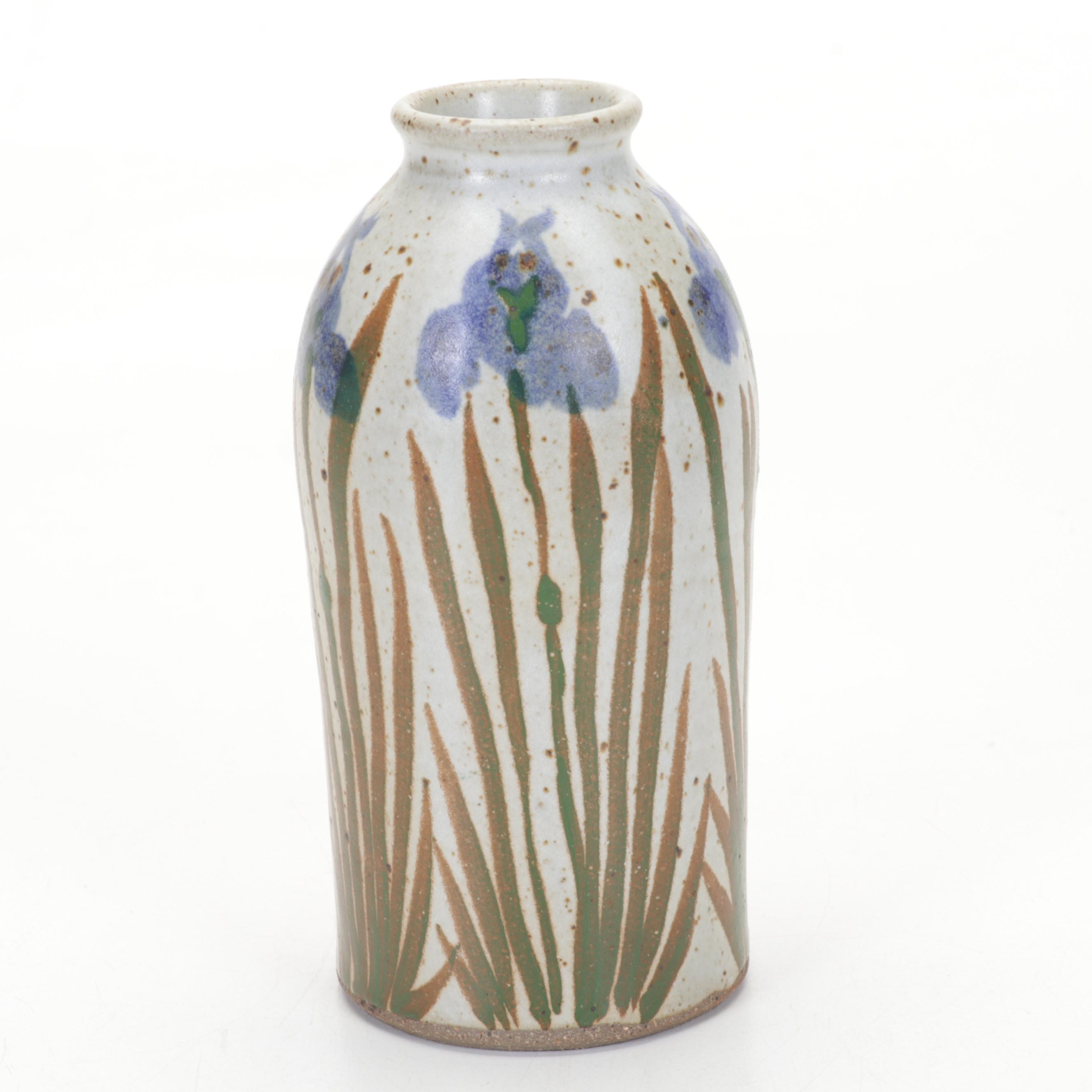 Studio Pottery Rattan Handled Basket, Lidded Canister and Small Vase