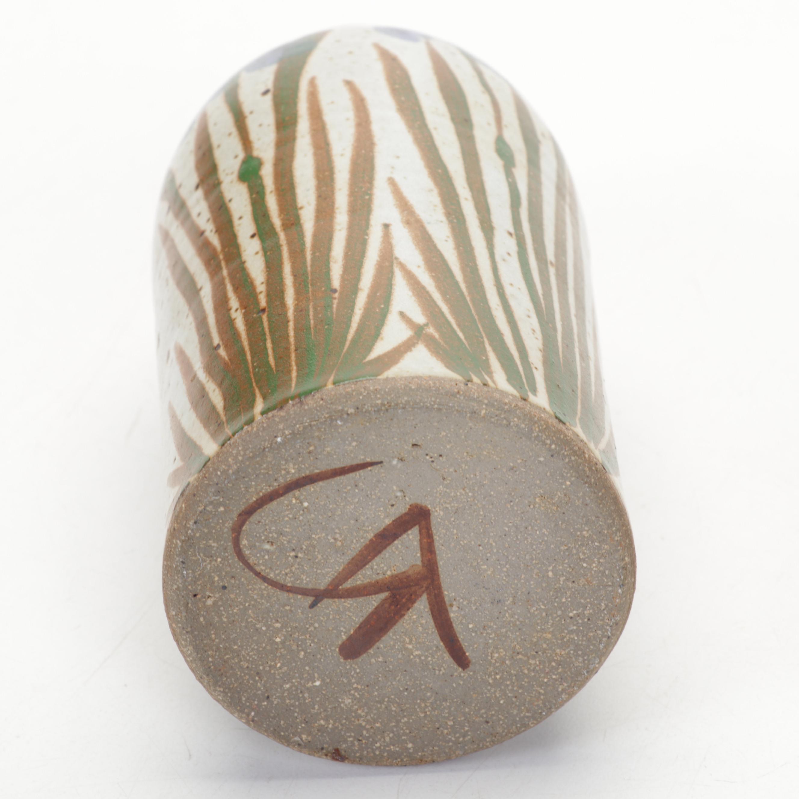 Studio Pottery Rattan Handled Basket, Lidded Canister and Small Vase