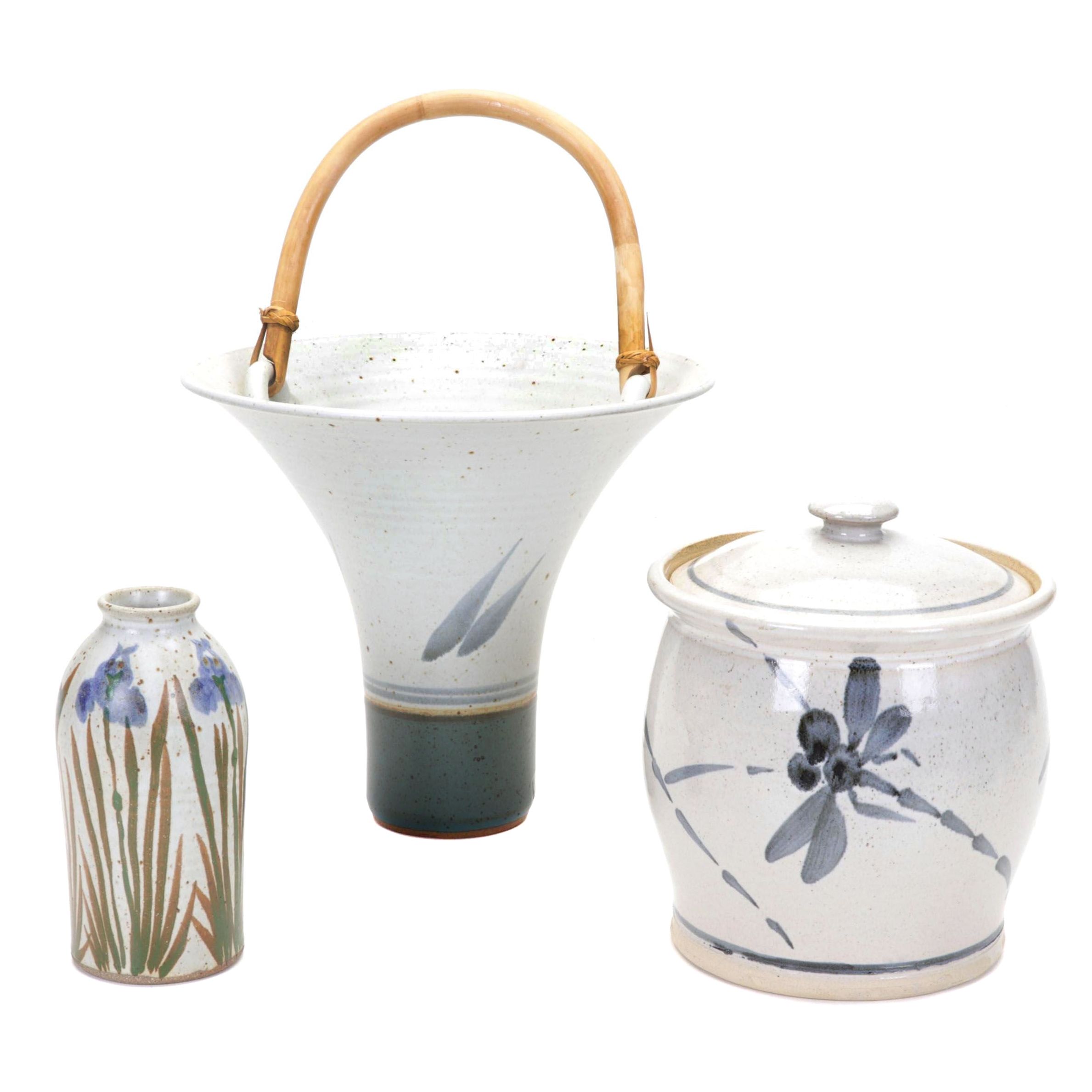 Studio Pottery Rattan Handled Basket, Lidded Canister and Small Vase