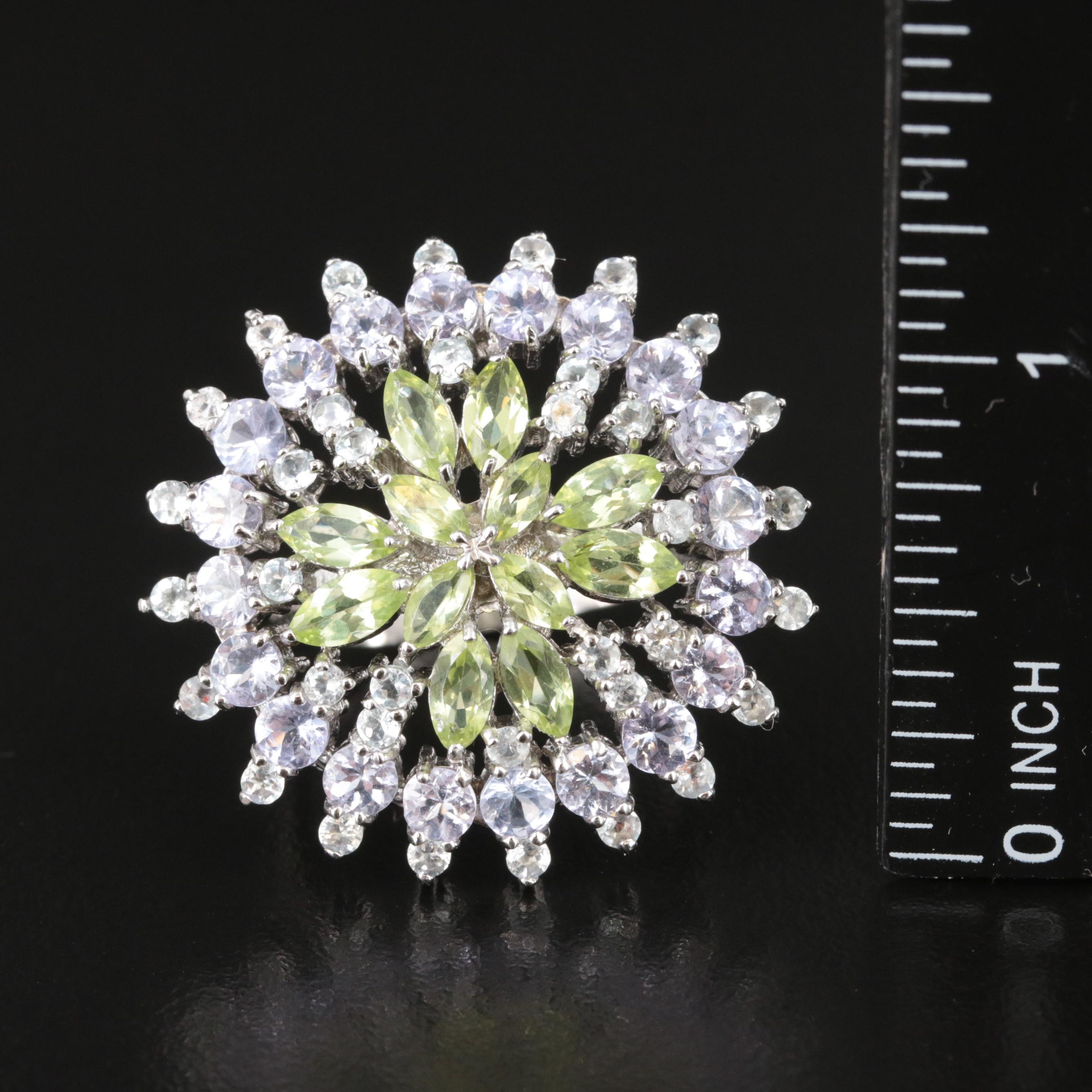 Sterling Peridot, Tanzanite and Aquamarine Ring