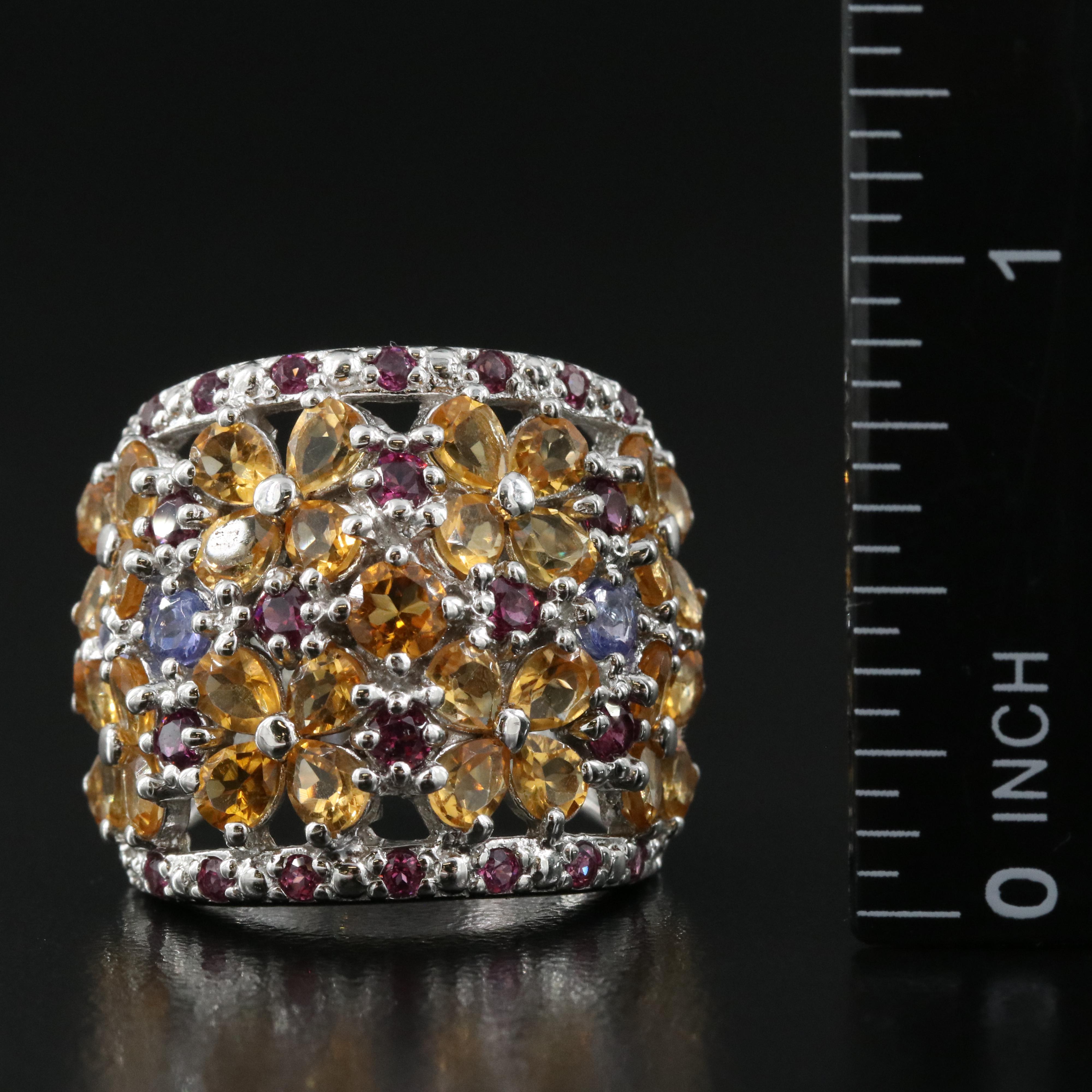 Sterling Citrine, Tanzanite and Garnet Flower Ring