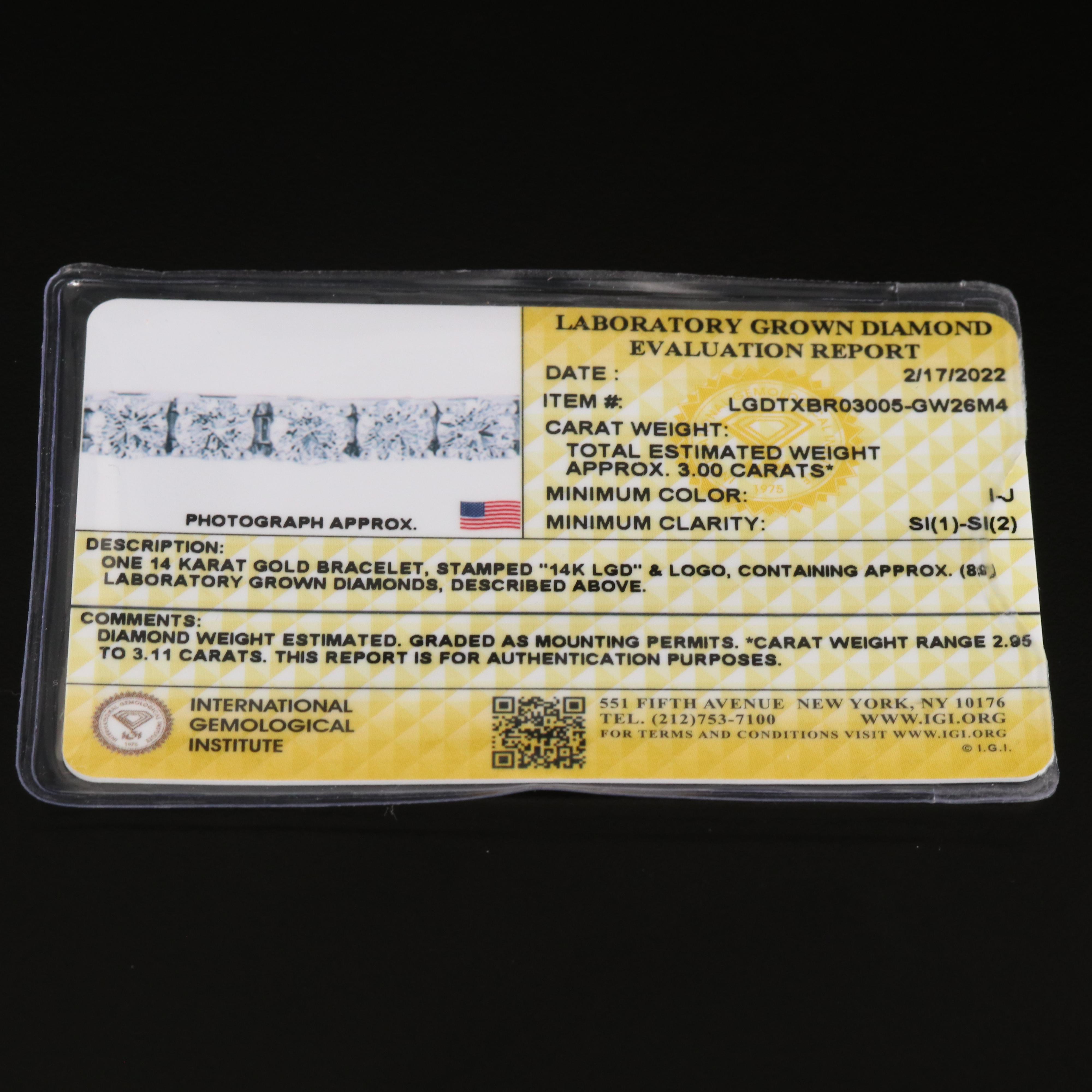 14K 3.00 CTW Lab Grown Diamond Line Bracelet with IGI Report