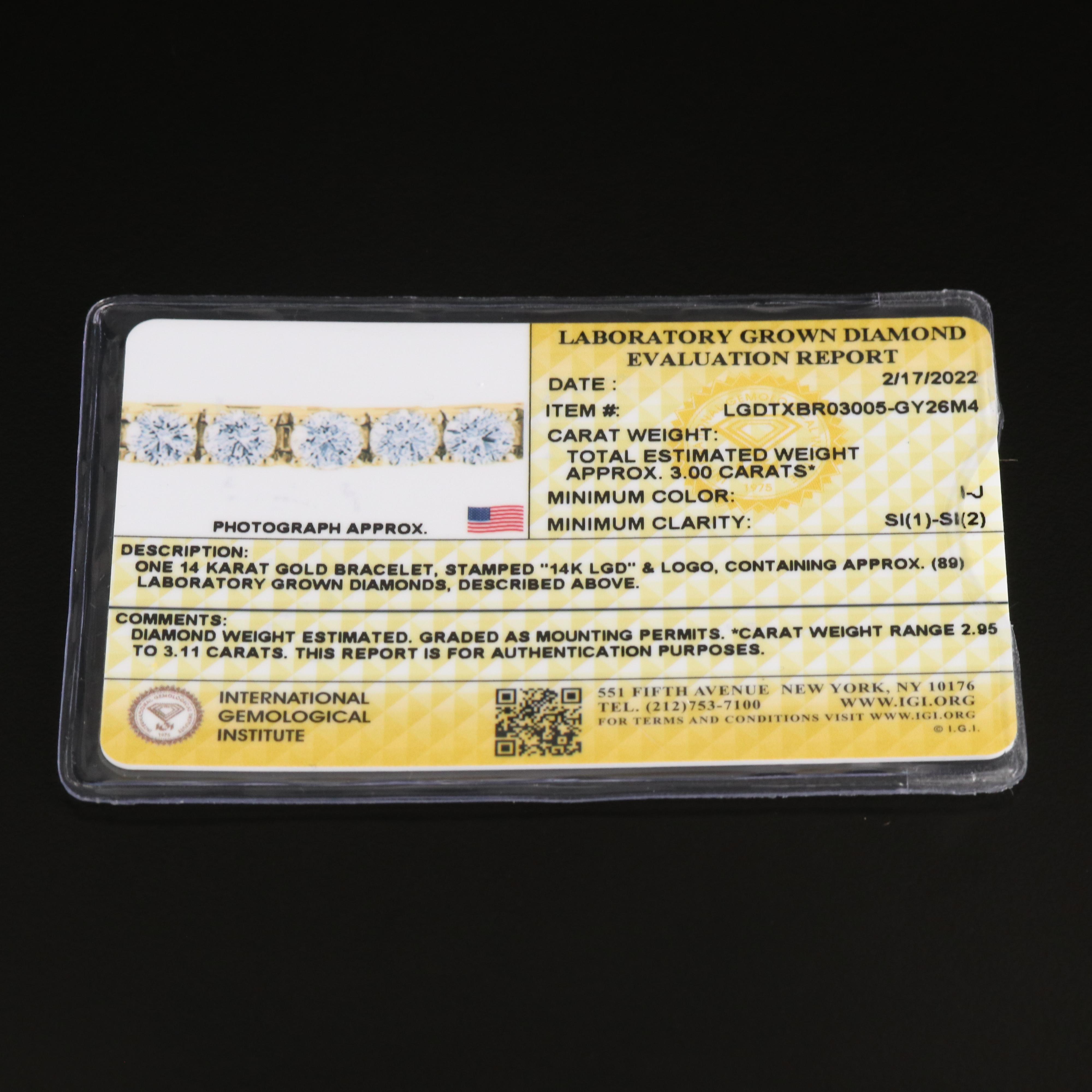 14K 3.00 CTW Lab Grown Diamond Line Bracelet with IGI Report