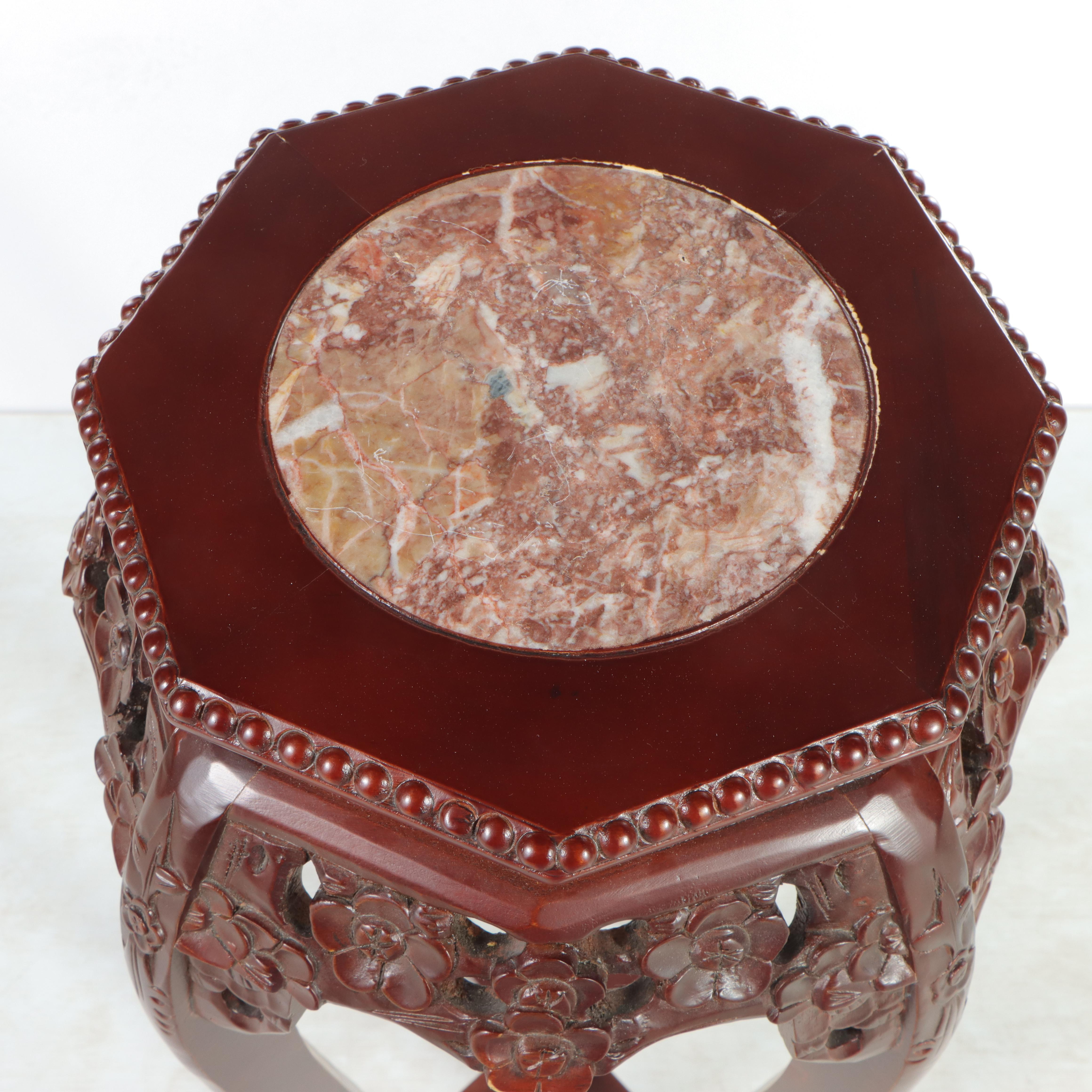 Chinese Carved Hardwood and Marble Top Pedestal