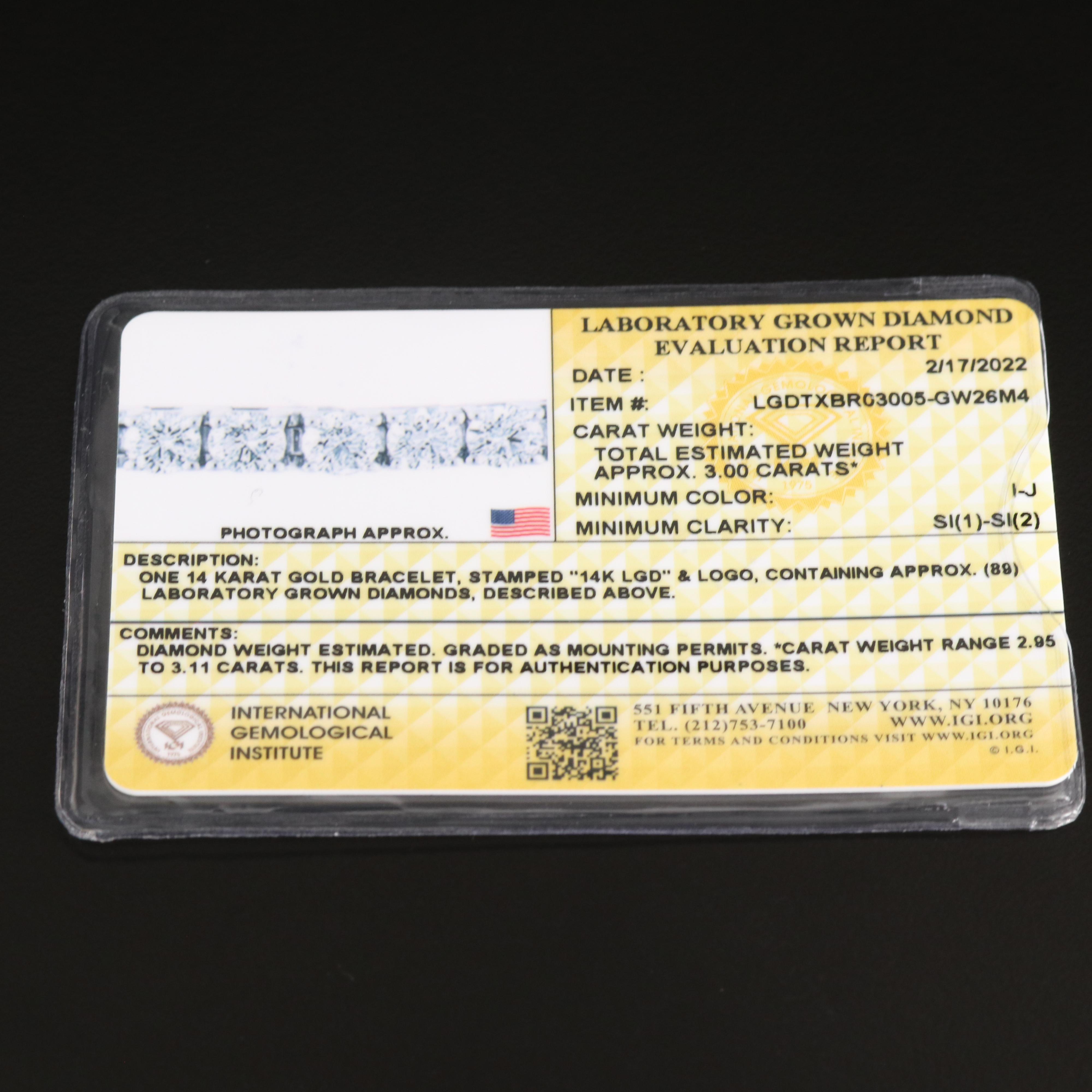 14K 3.00 CTW Lab Grown Diamond Line Bracelet with IGI Report