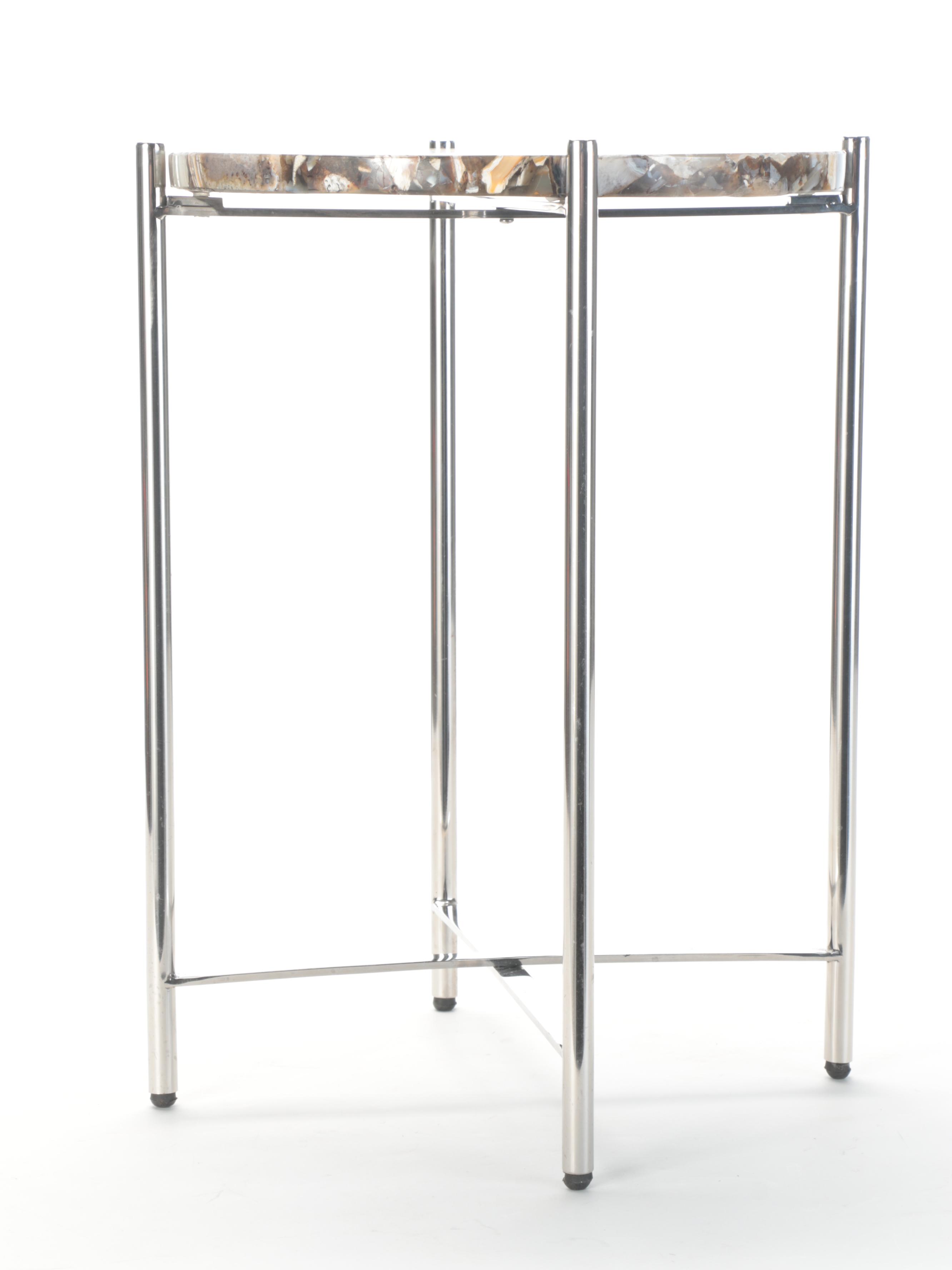 Tozai Home Composite Agate Top and Chromed Metal Side Table