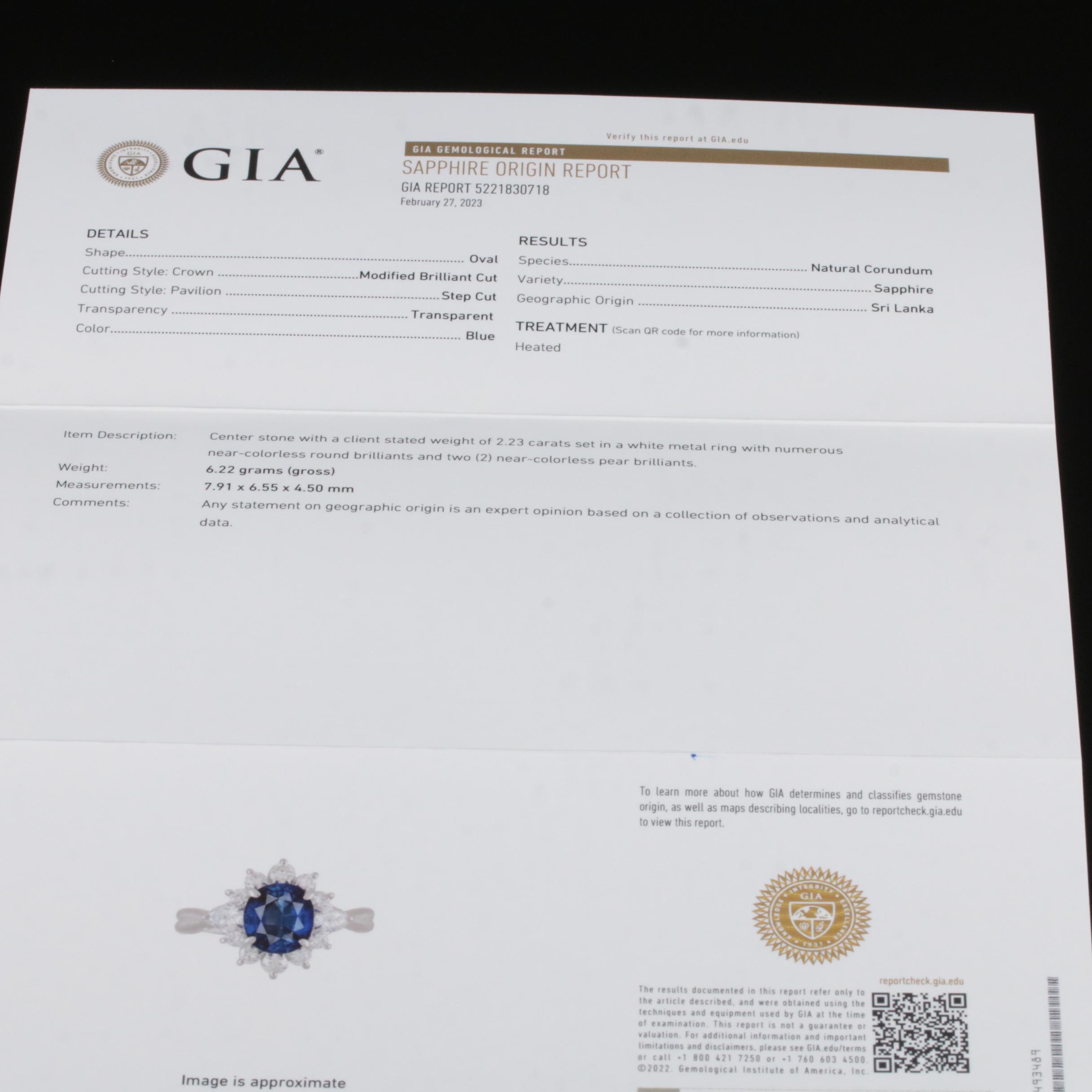 Platinum 2.23 CT Ceylon Sapphire and Diamond Ring with GIA Report