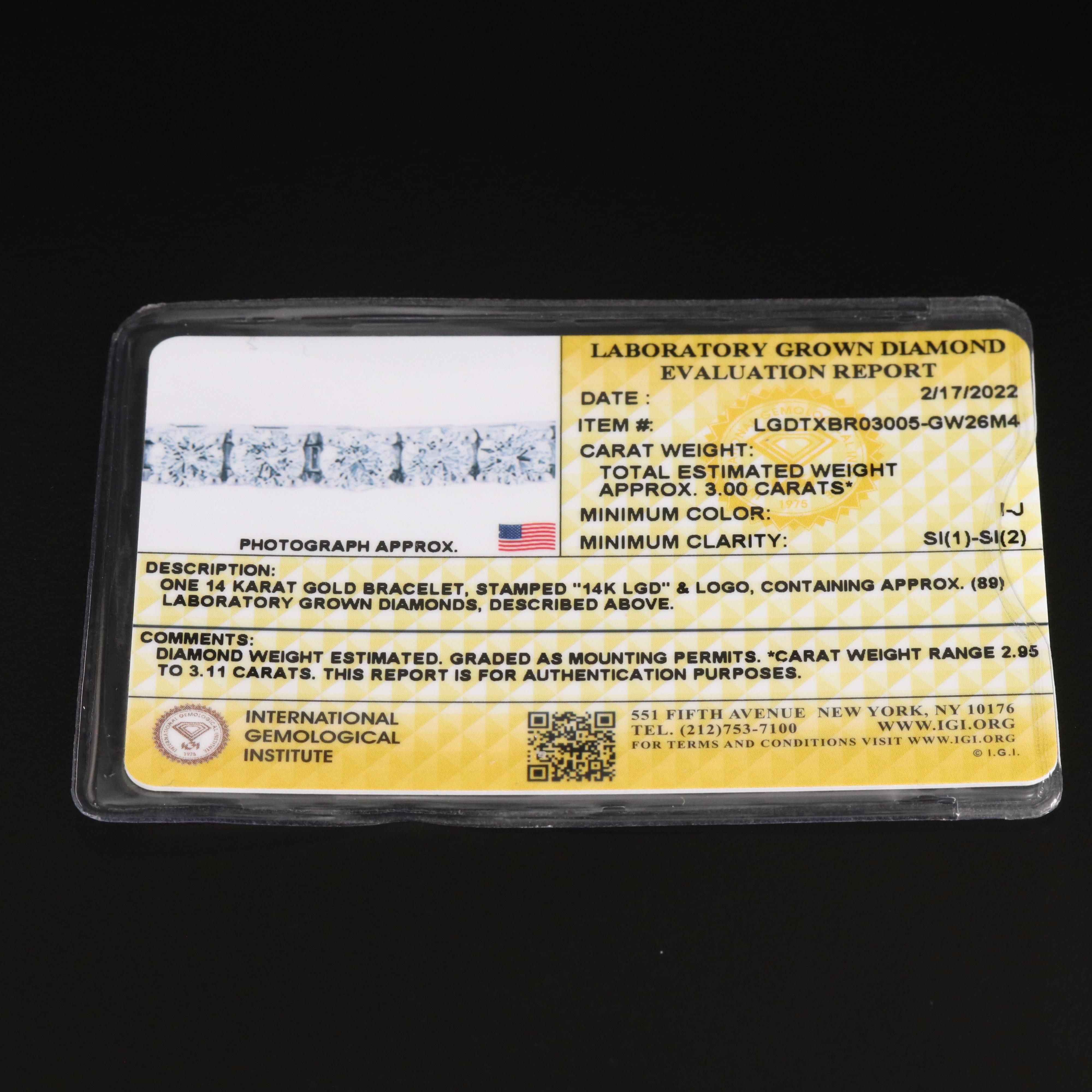 14K 3.00 CTW Lab Grown Diamond Line Bracelet with IGI Report