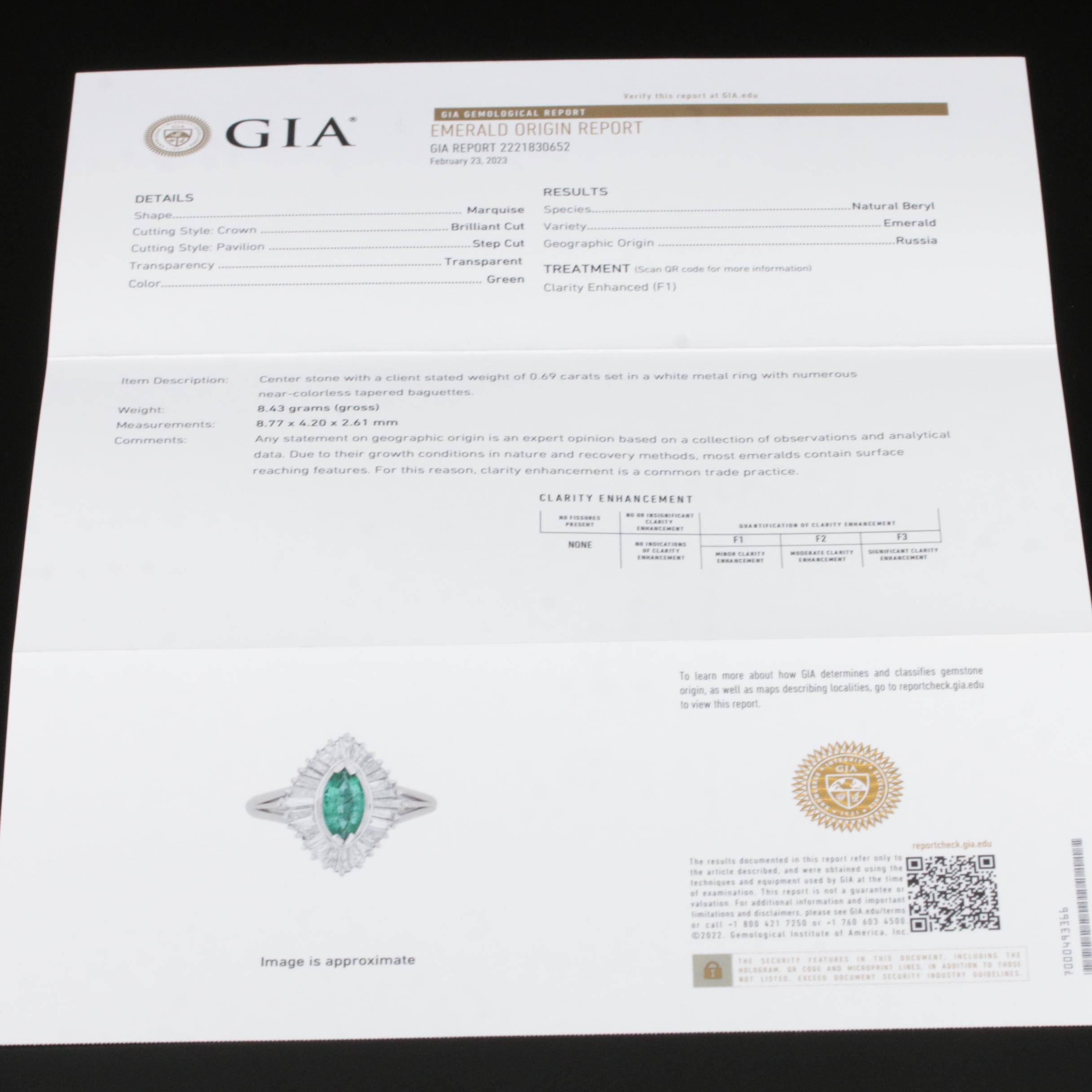 Platinum Emerald and Diamond Ballerina Ring with GIA Report