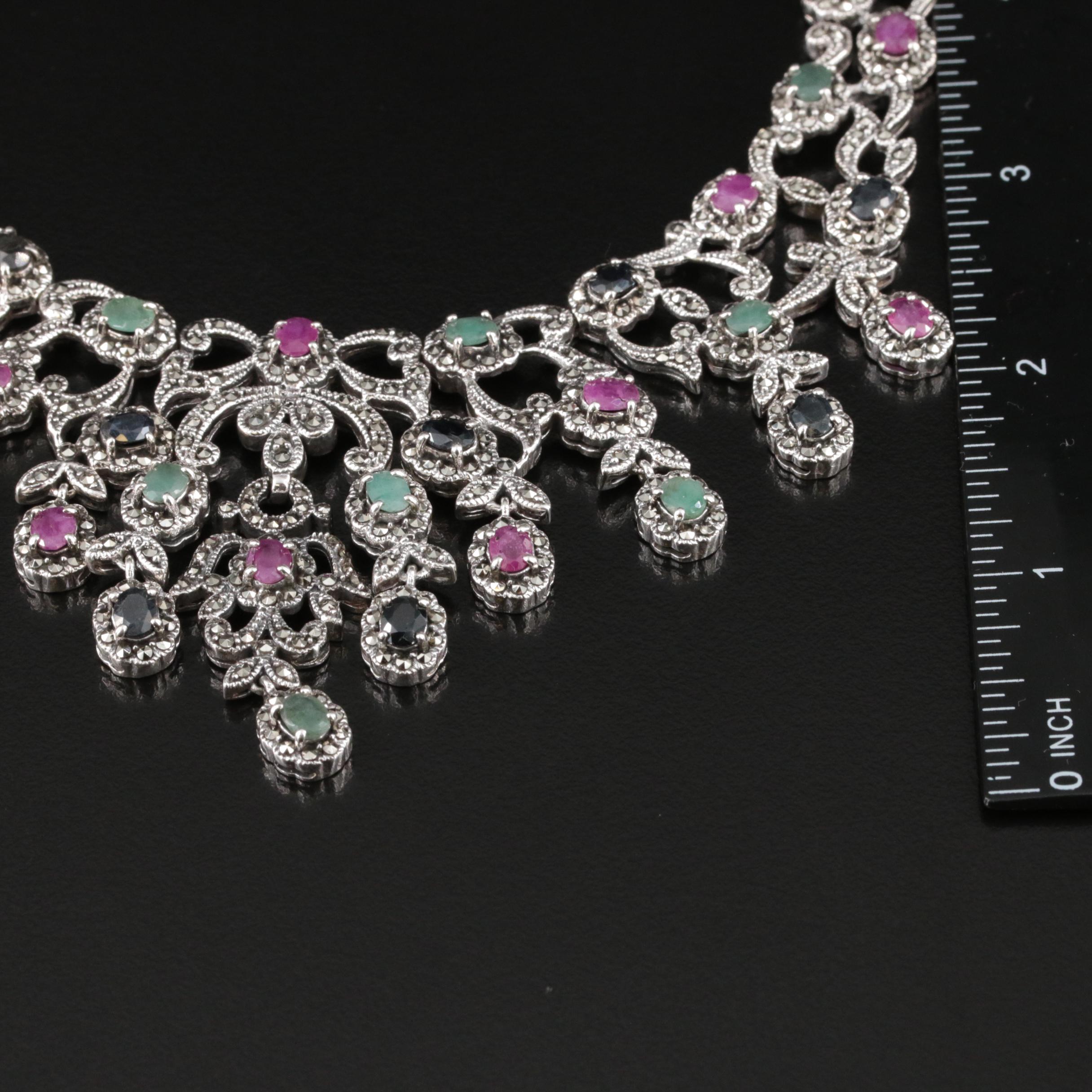 Sterling Emerald, Ruby and Sapphire Flower and Bow Princess Style Necklace