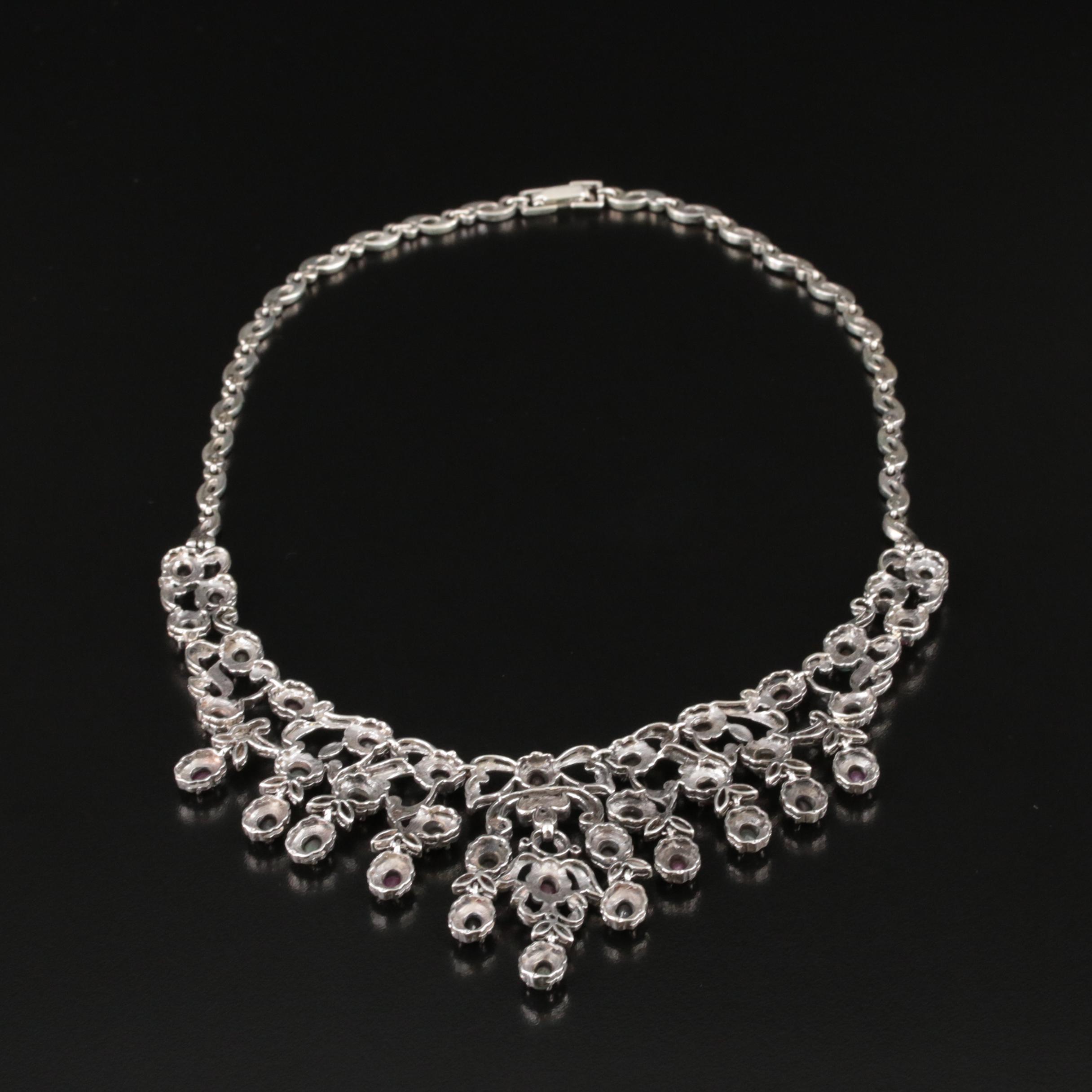 Sterling Emerald, Ruby and Sapphire Flower and Bow Princess Style Necklace