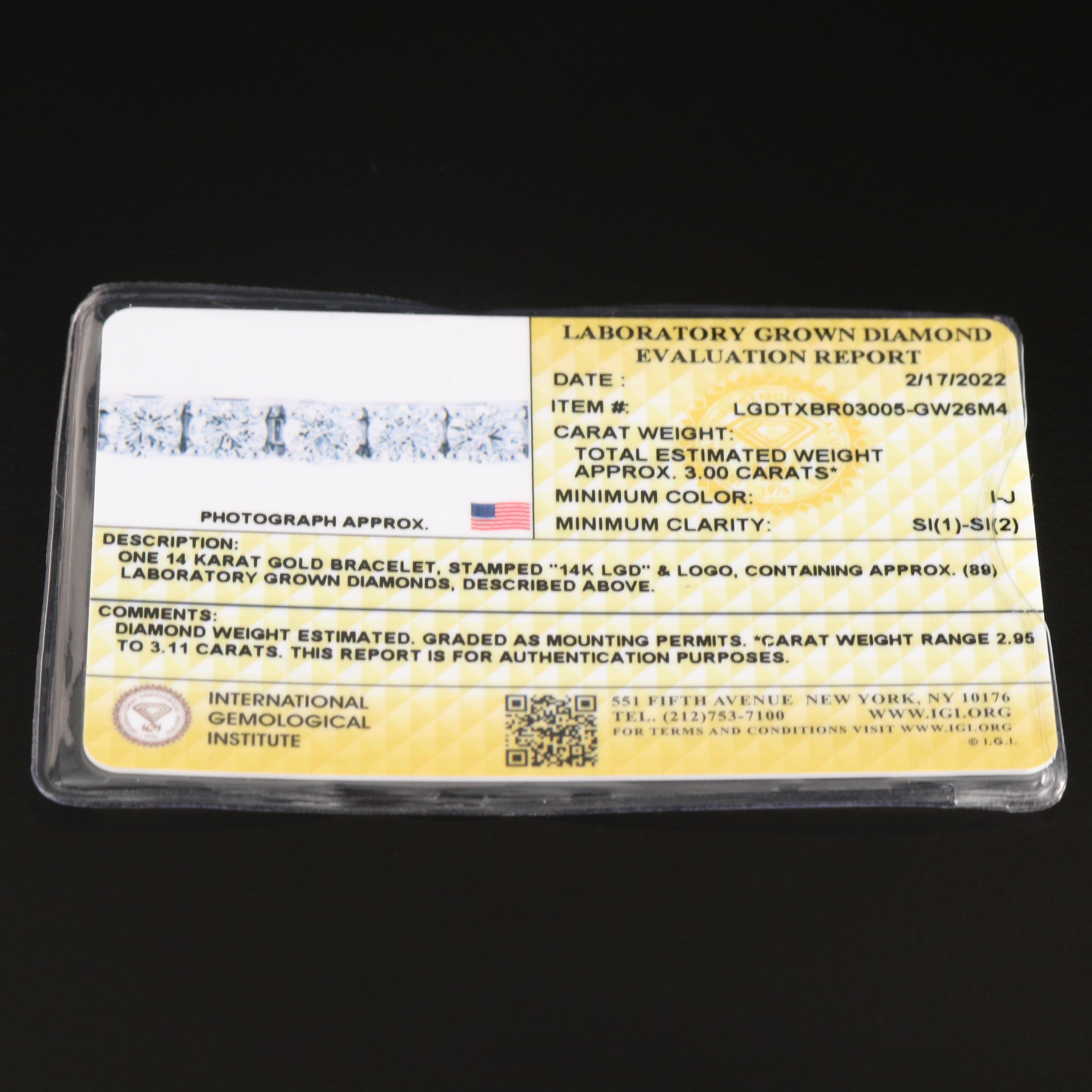 14K 3.00 CTW Lab Grown Diamond Line Bracelet with IGI Report